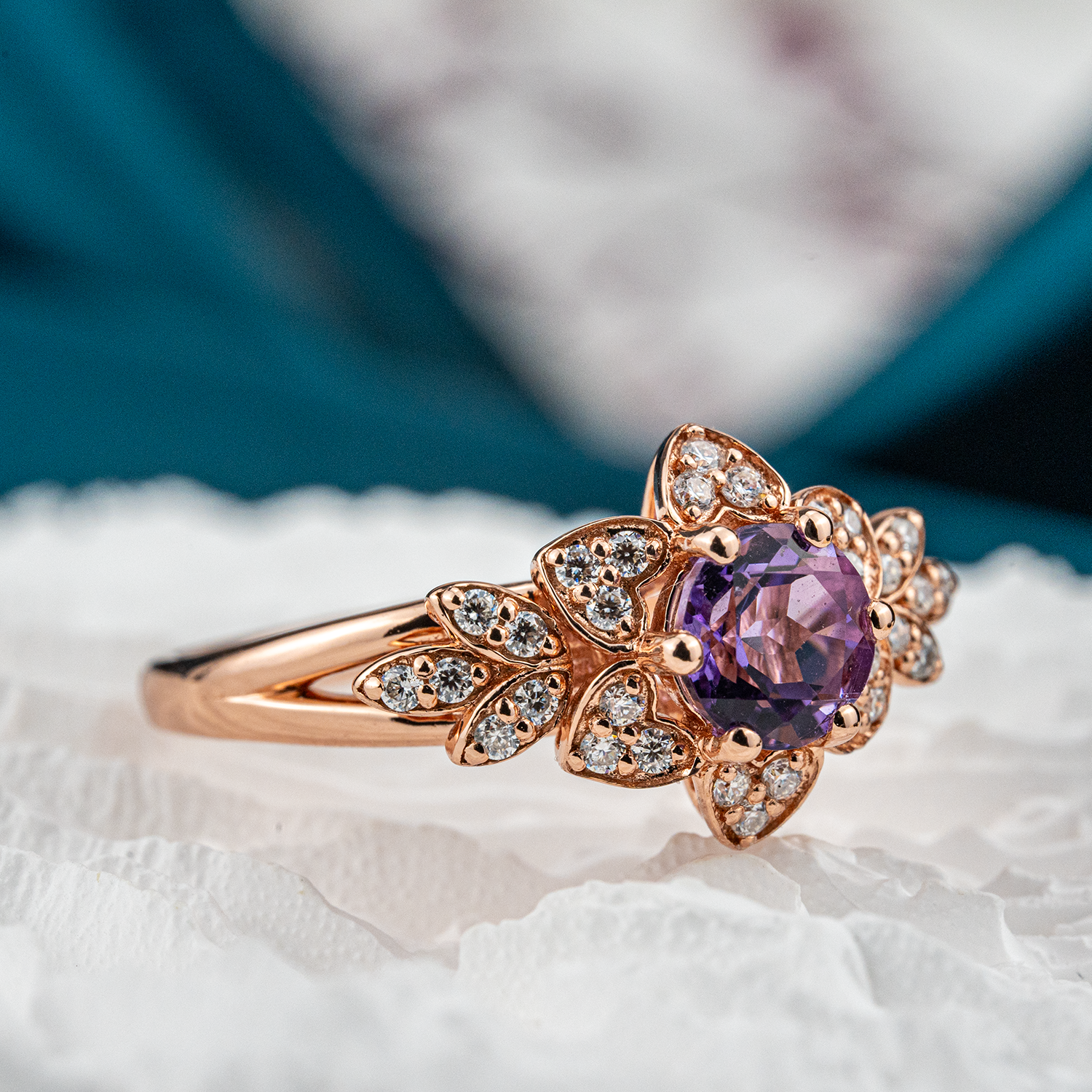 Exquisite round amethyst ring sparkling with luxury and elegance, perfect for a sophisticated touch.