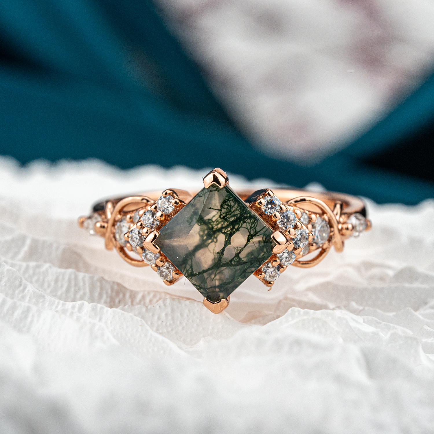 Luxurious Princess Moss Agate Ring with Moissanite - Perfect Engagement Ring