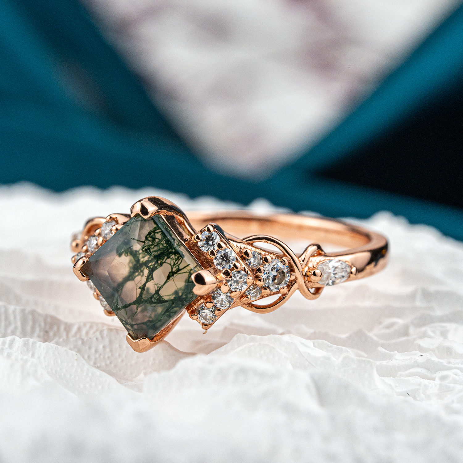 Luxurious Princess Moss Agate Ring with Moissanite - Perfect Engagement Ring