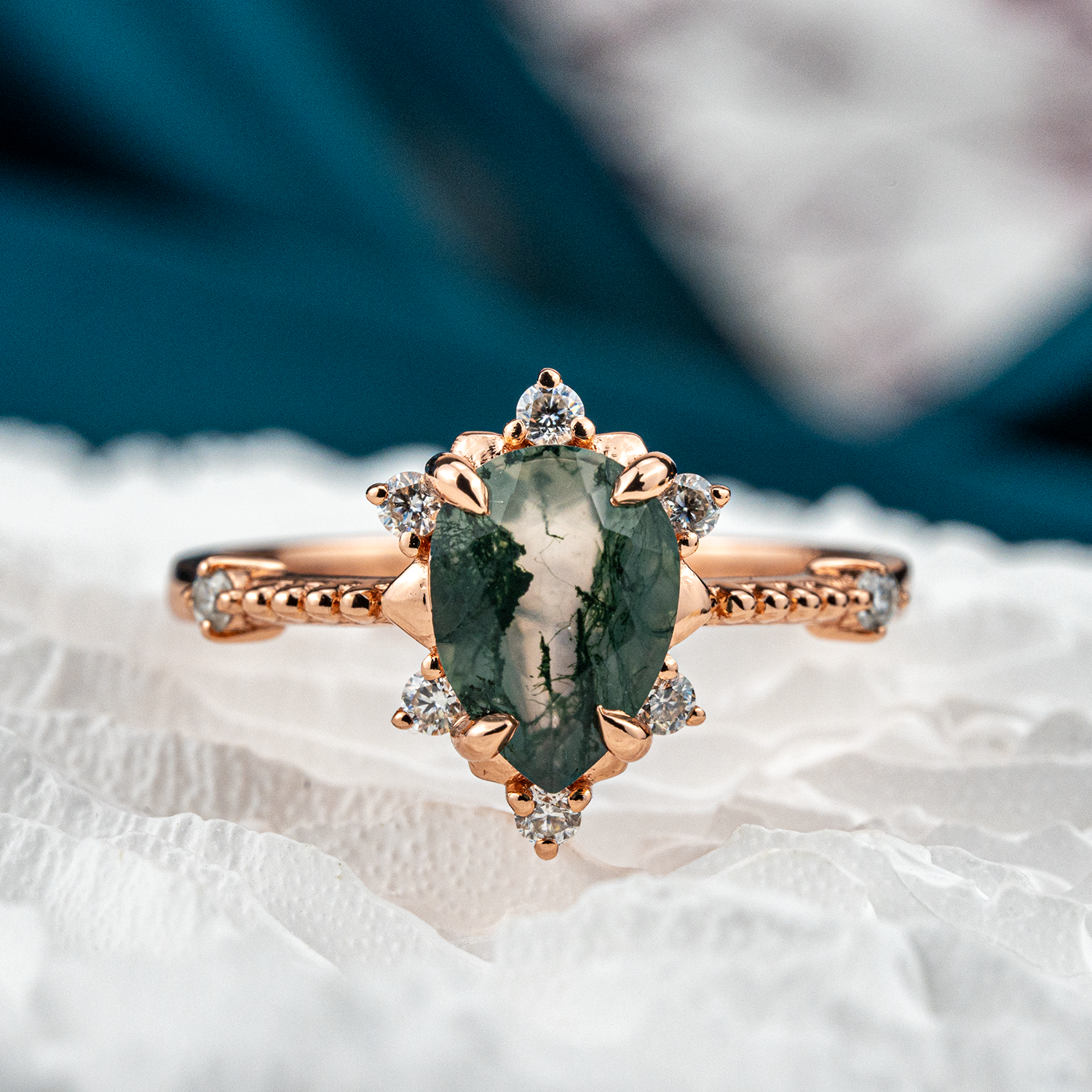 Unique Pear Moss Agate Engagement Ring - Elegant Gemstone Accessory