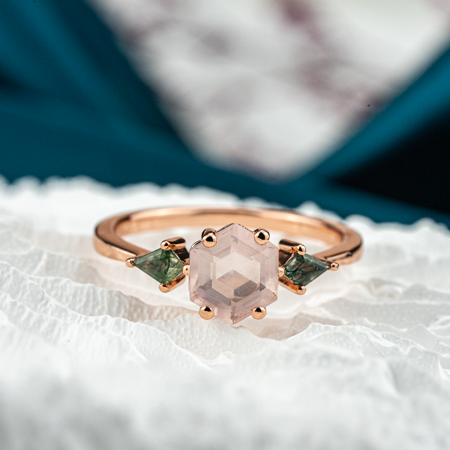 Unique hexagonal rose quartz and moss agate ring combo - a must-have!
