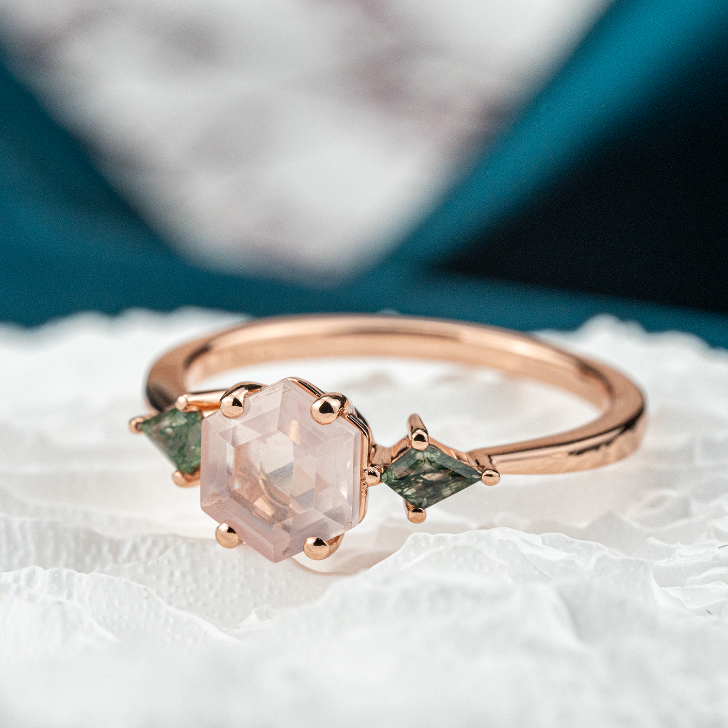 Unique hexagonal rose quartz and moss agate ring combo - a must-have!