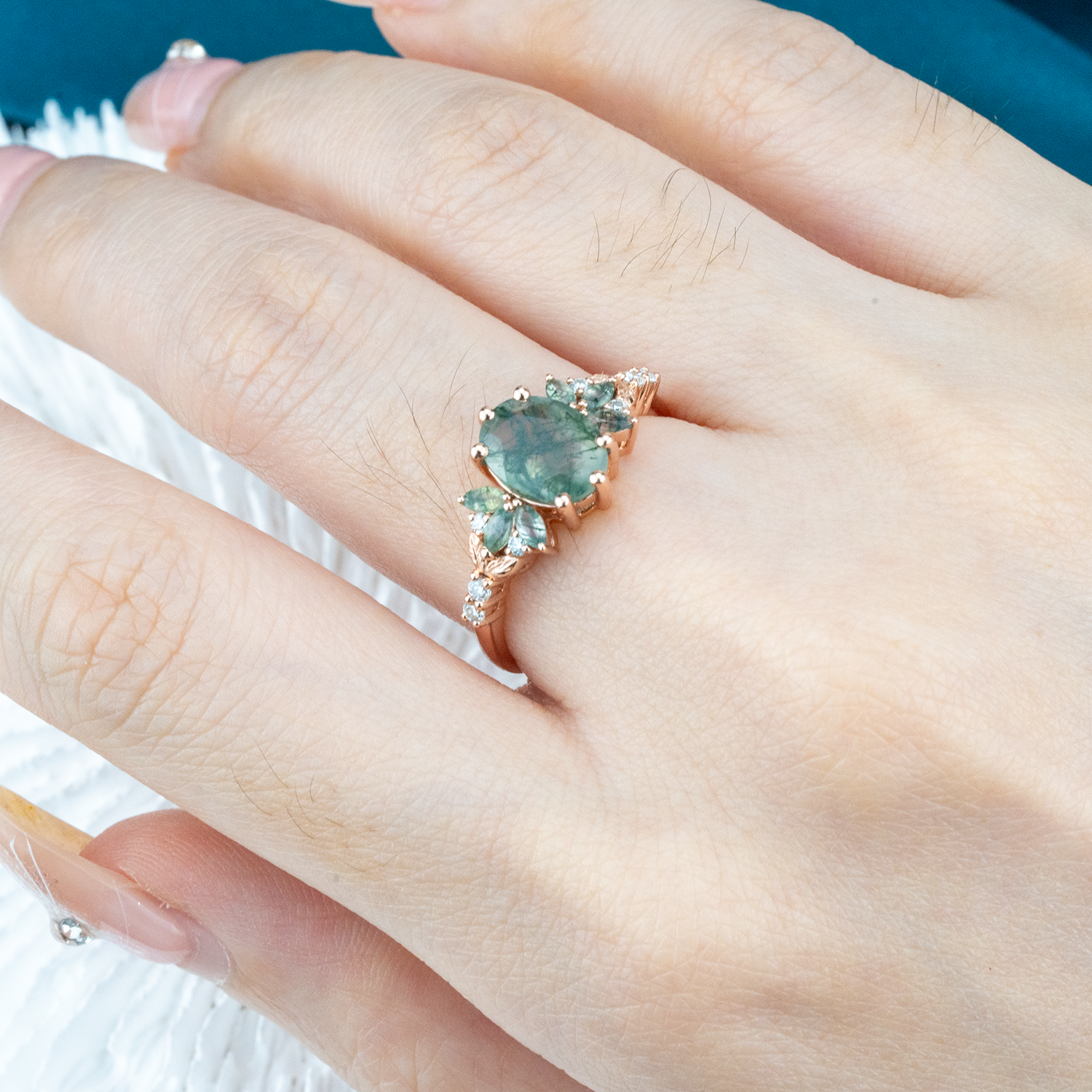 Oval Moss Agate Ring with Moissanite Nature-Inspired Design