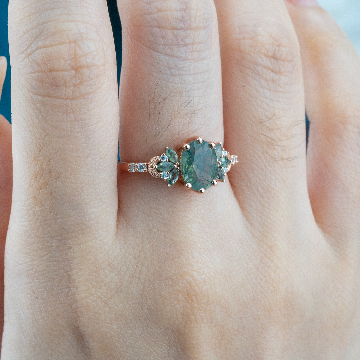 Oval Moss Agate Ring with Moissanite Nature-Inspired Design