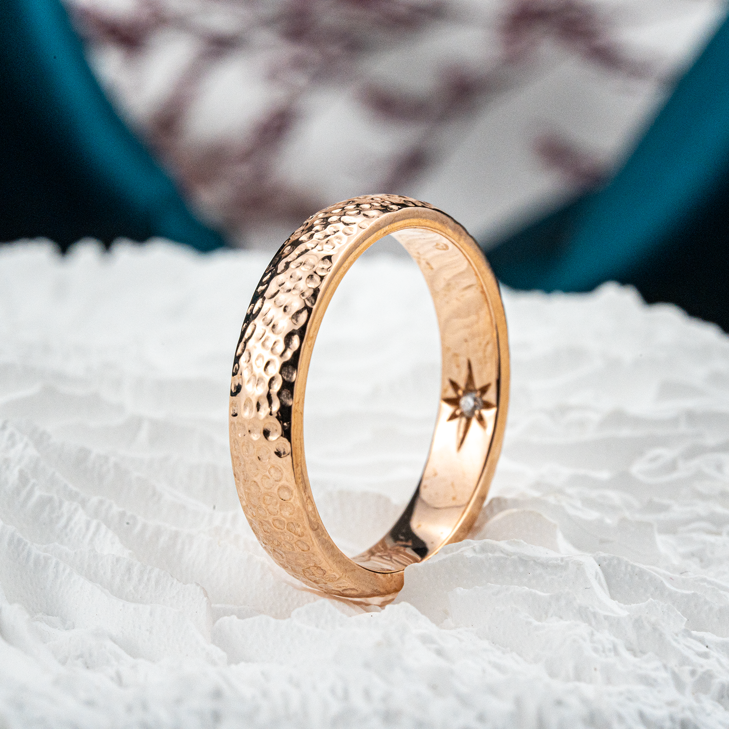 Stylish promise ring crafted in a classic hammered pattern, perfect for making a lasting commitment.