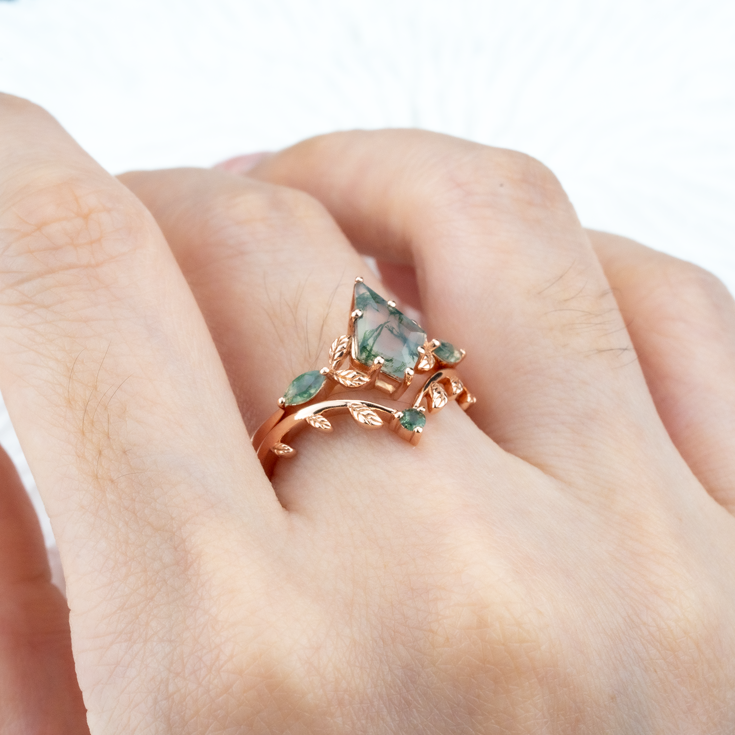 Kite Moss Agate Leaf Ring Set - Nature Inspired Jewelry