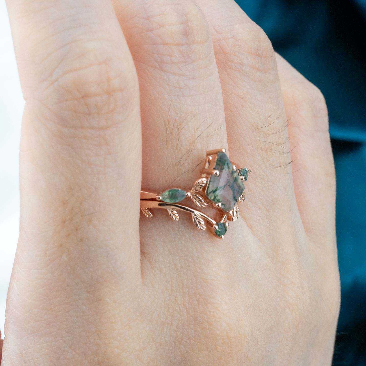 Kite Moss Agate Leaf Ring Set - Nature Inspired Jewelry