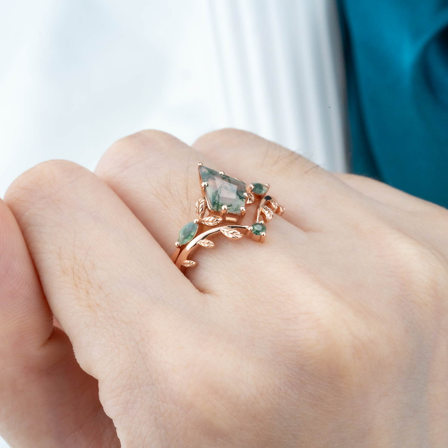 Kite Moss Agate Leaf Ring Set - Nature Inspired Jewelry