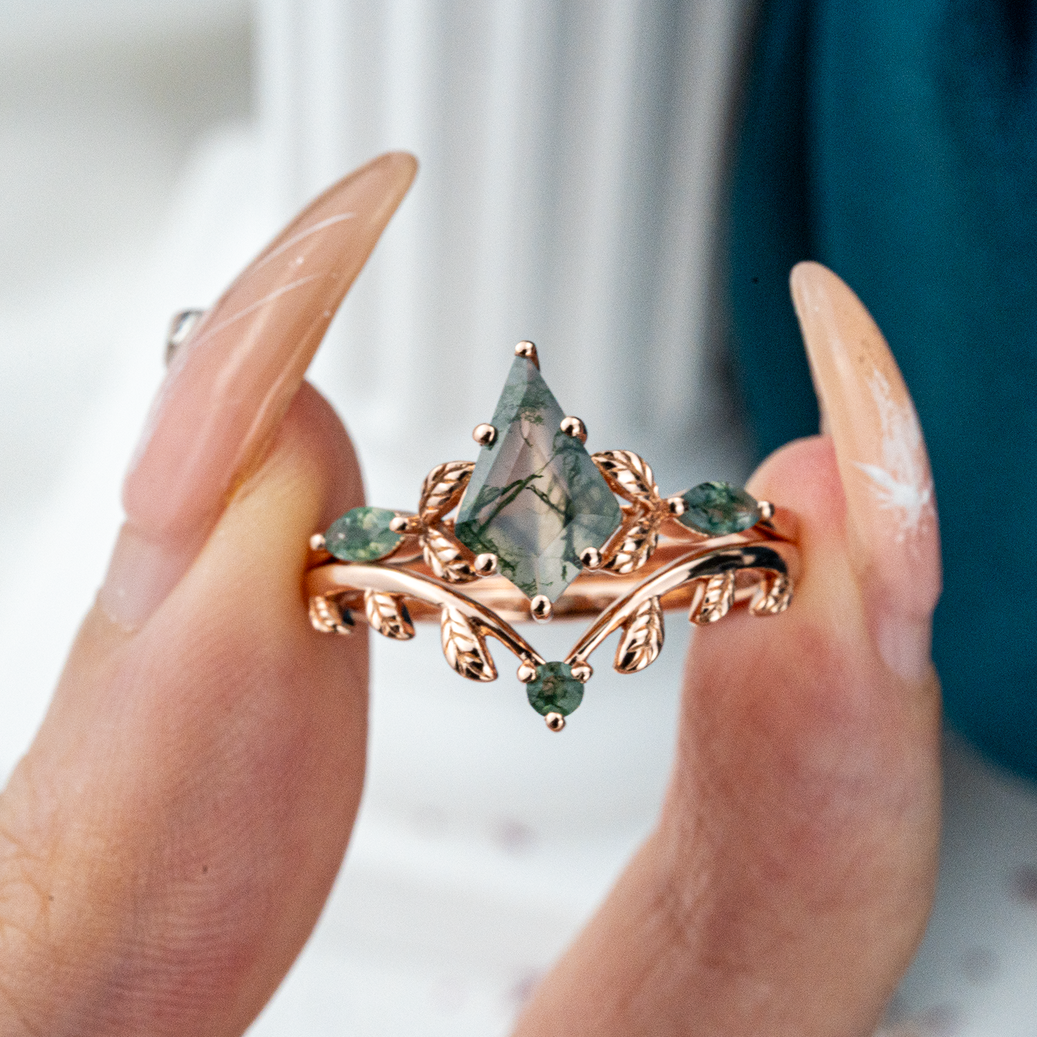 Kite Moss Agate Leaf Ring Set - Nature Inspired Jewelry