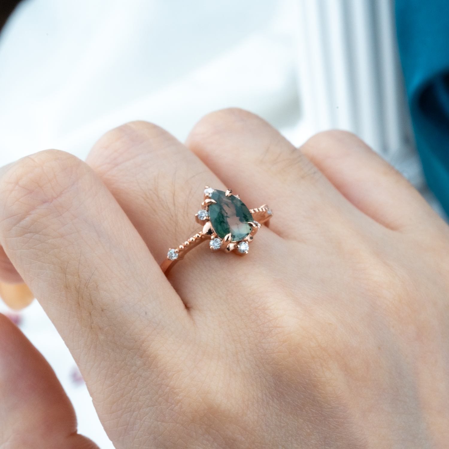 Unique Pear Moss Agate Engagement Ring - Elegant Gemstone Accessory