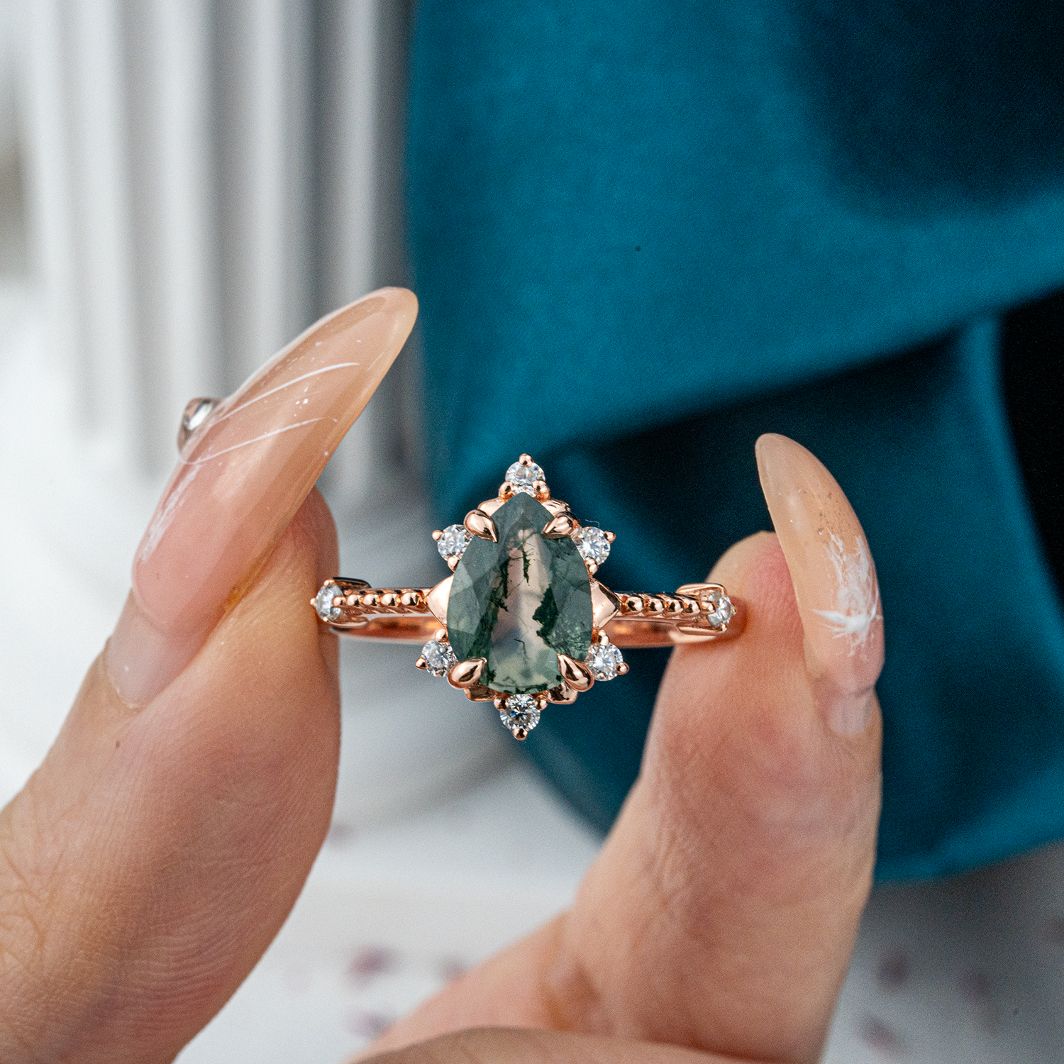 Unique Pear Moss Agate Engagement Ring - Elegant Gemstone Accessory