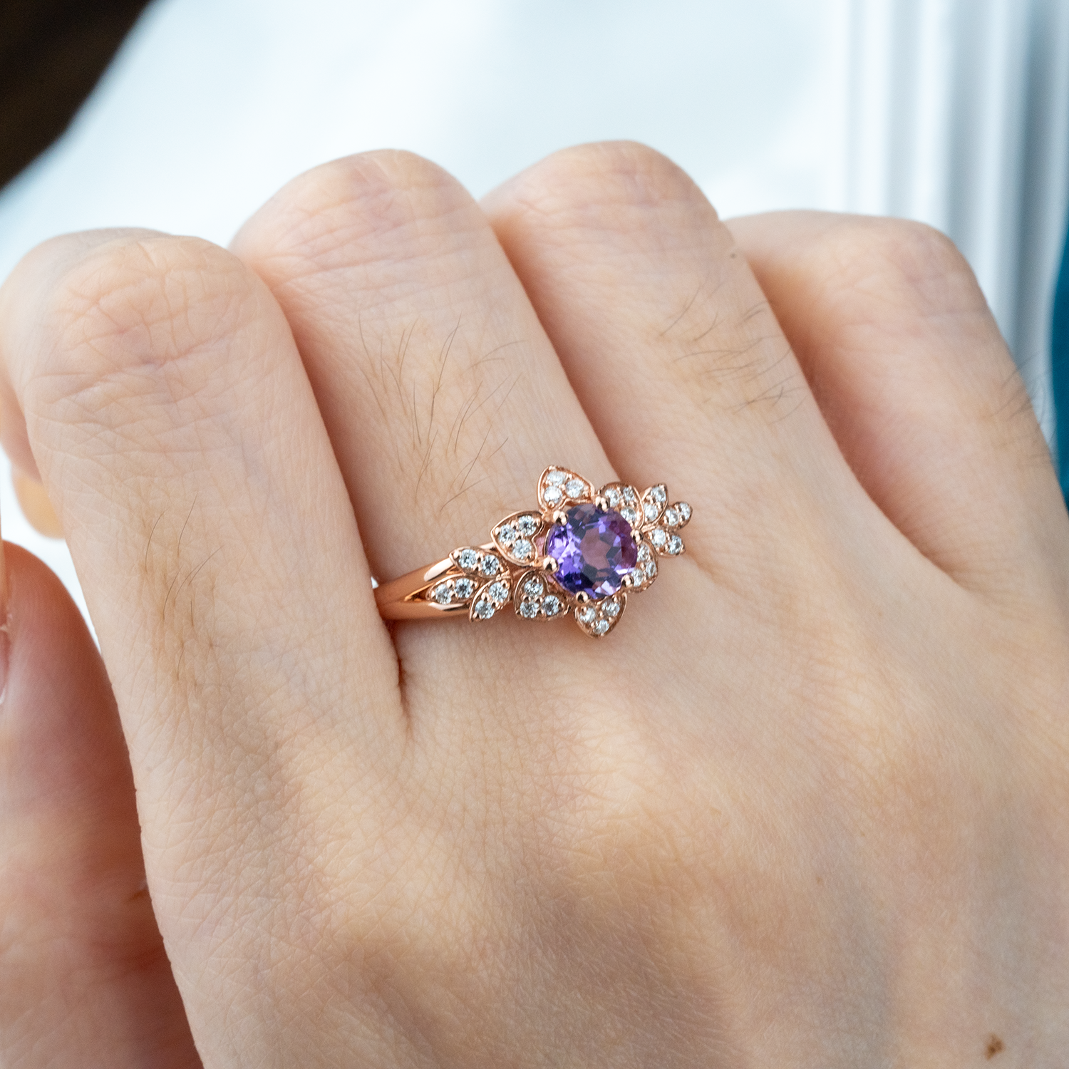 Exquisite round amethyst ring sparkling with luxury and elegance, perfect for a sophisticated touch.