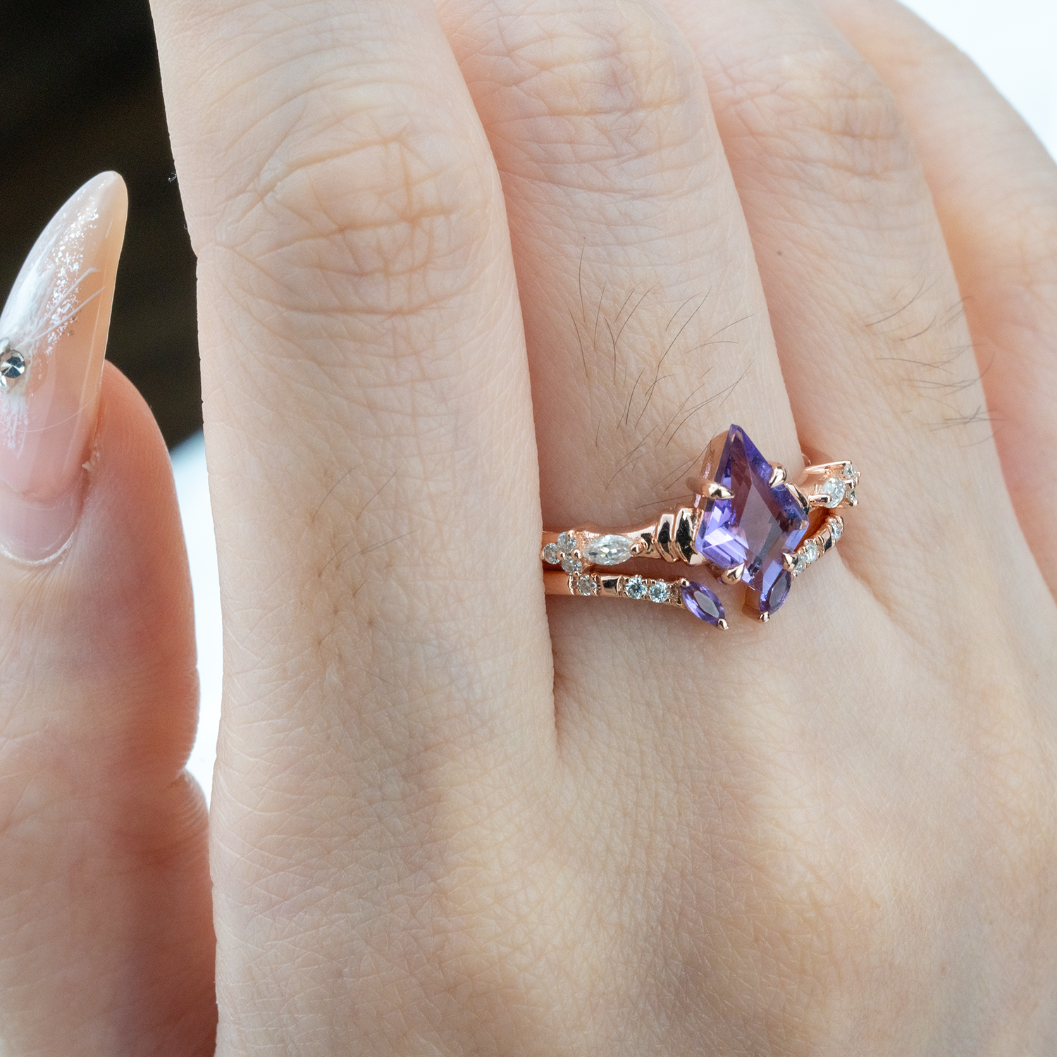 Kite Amethyst Rose Gold Engagement Ring Set - Stunning jewelry for special occasions