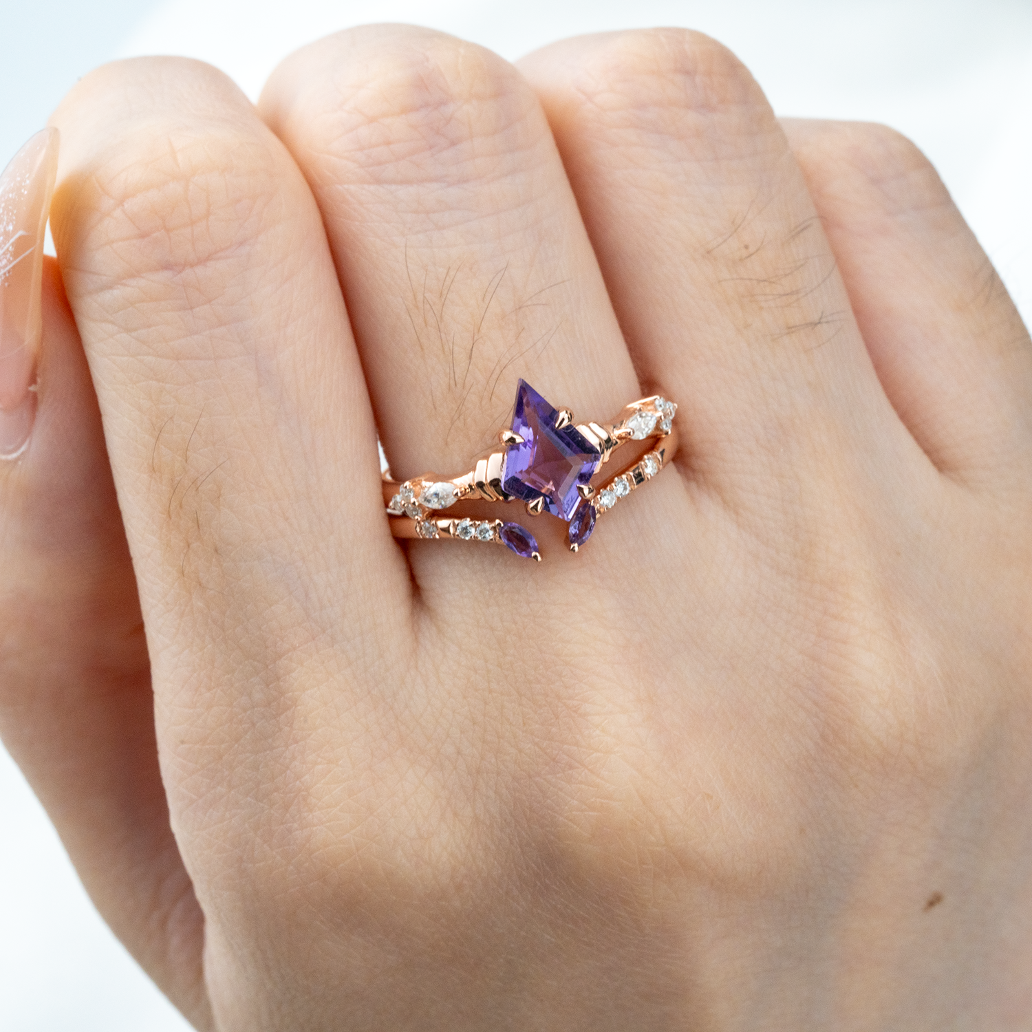 Kite Amethyst Rose Gold Engagement Ring Set - Stunning jewelry for special occasions