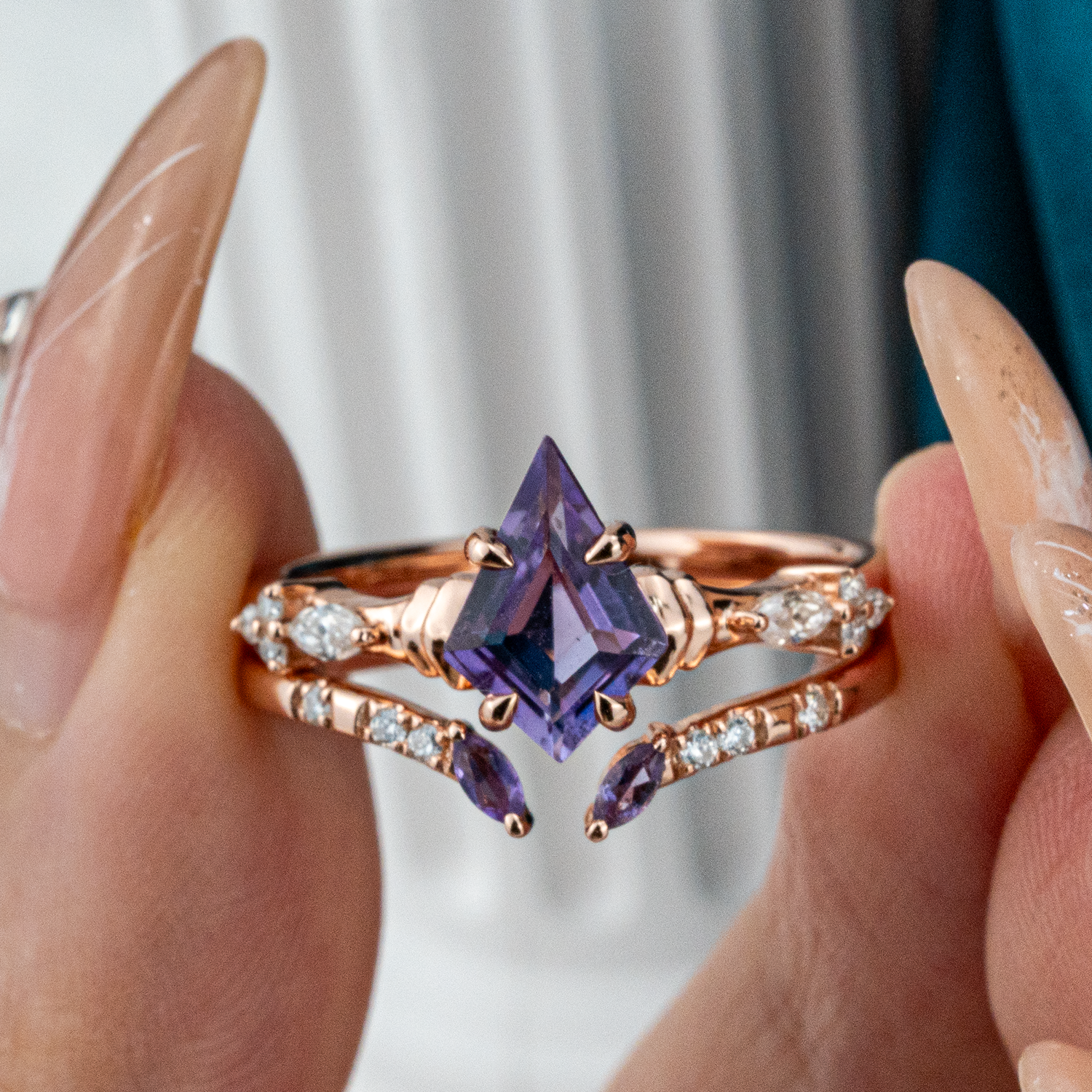 Kite Amethyst Rose Gold Engagement Ring Set - Stunning jewelry for special occasions