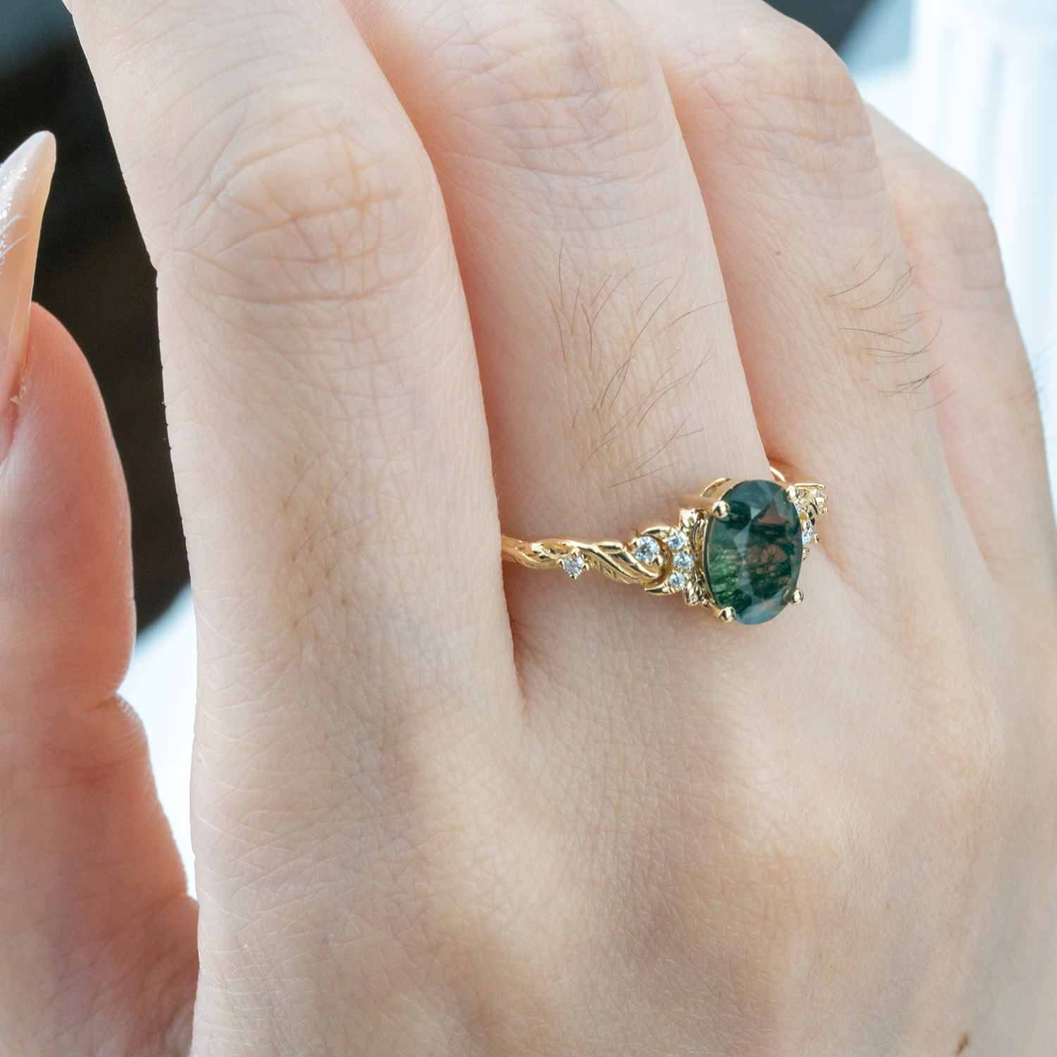 Oval Moss Agate Ring with Nature Inspired Leaf Design in Yellow Gold - Handcrafted Artisan Jewelry