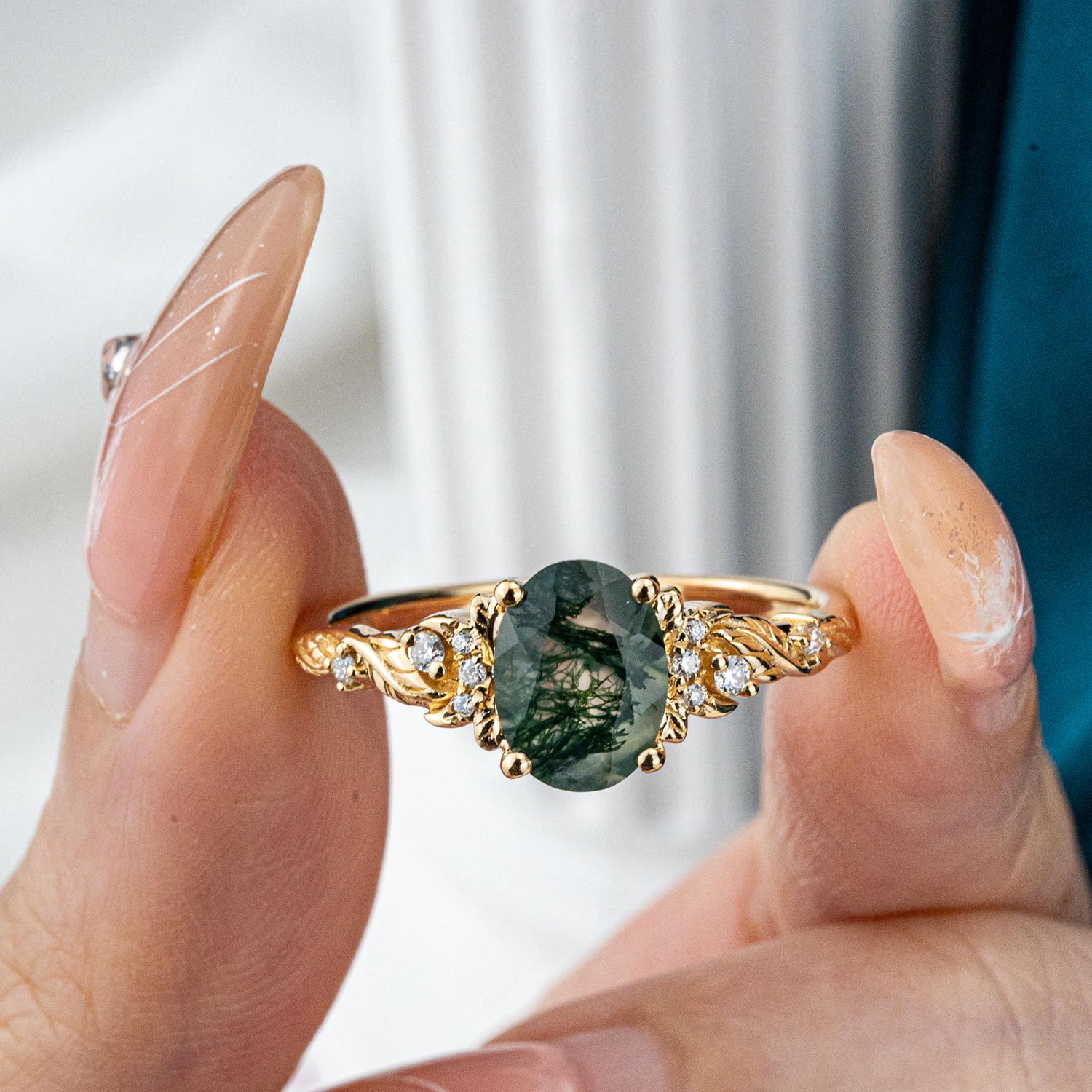 Oval Moss Agate Ring with Nature Inspired Leaf Design in Yellow Gold - Handcrafted Artisan Jewelry