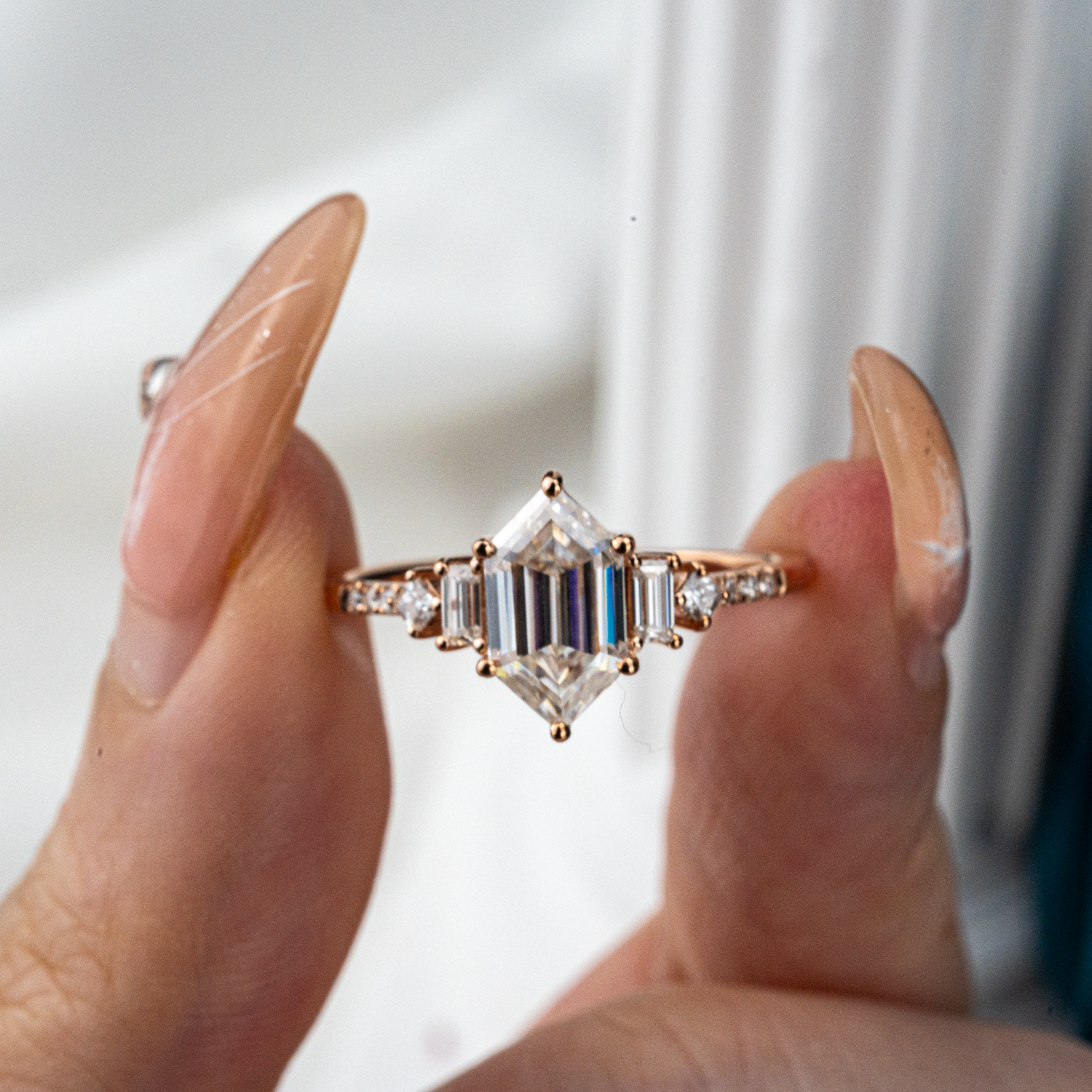 Long Hexagonal Moissanite Engagement Ring - Exquisite Diamond Alternative Jewelry