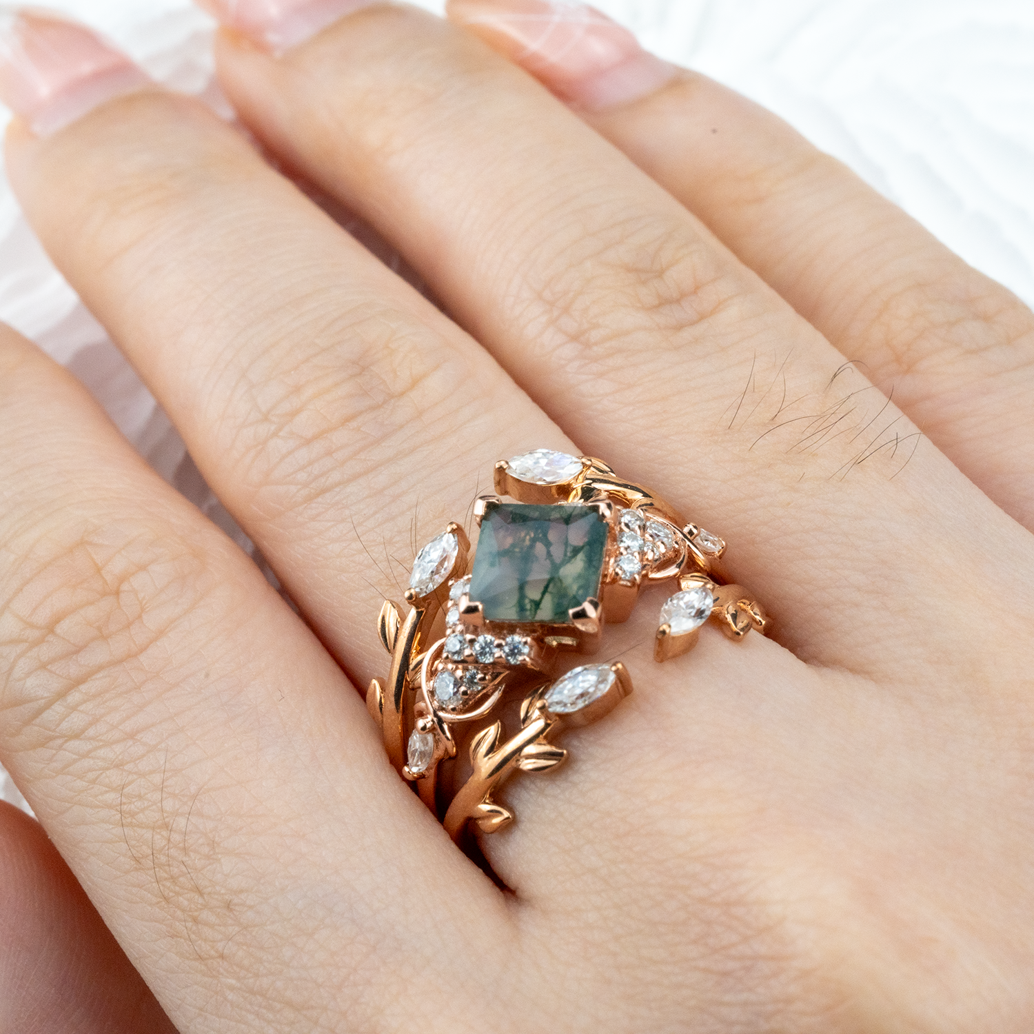 Exquisite princess moss agate ring with luxurious design