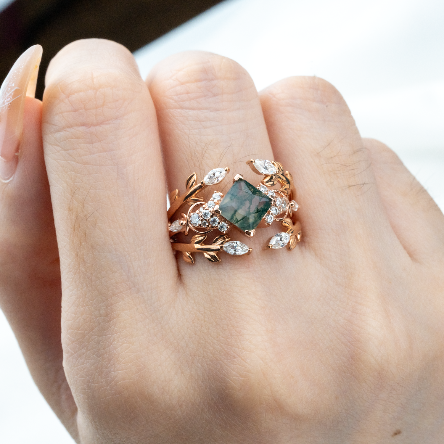 Exquisite princess moss agate ring with luxurious design