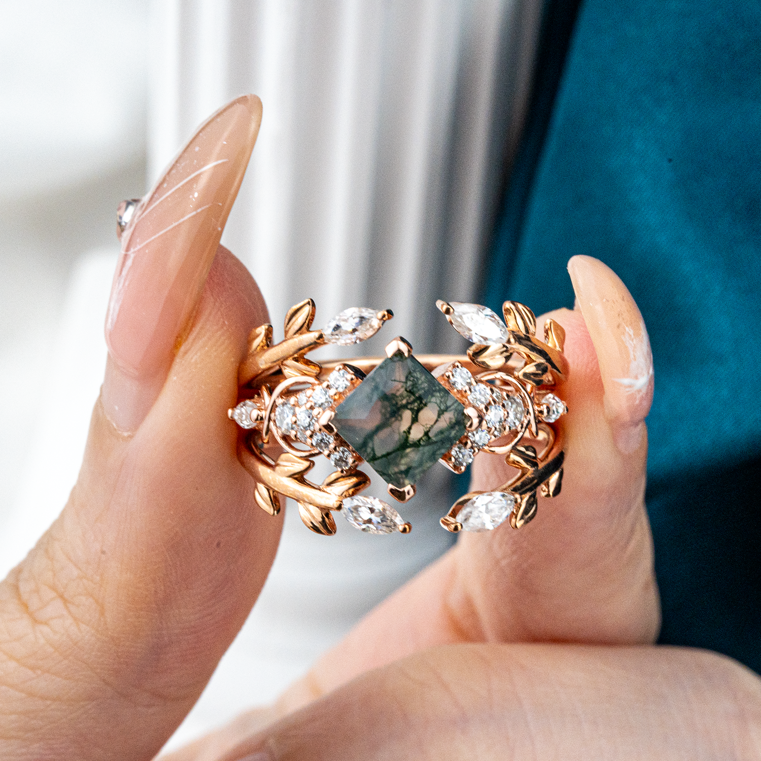 Exquisite princess moss agate ring with luxurious design
