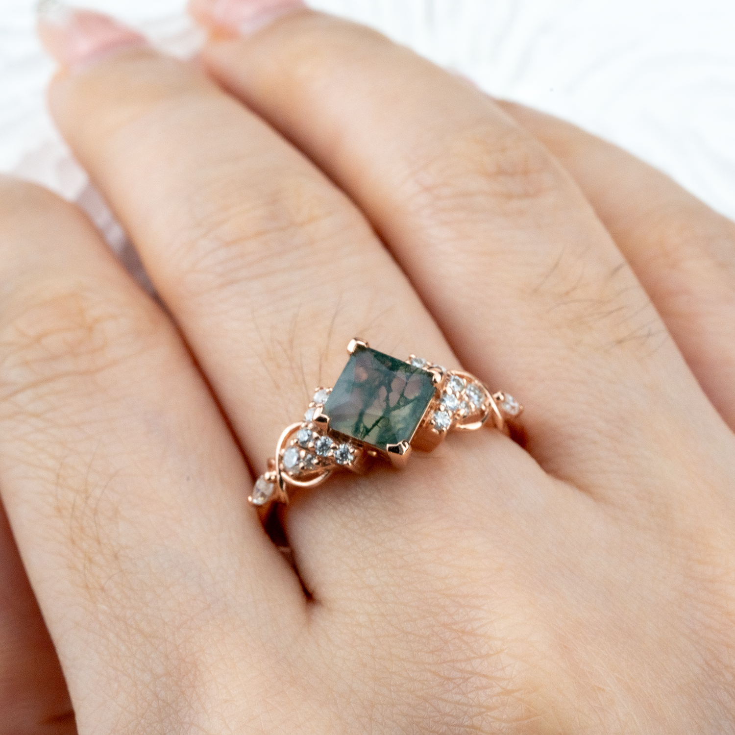 Luxurious Princess Moss Agate Ring with Moissanite - Perfect Engagement Ring