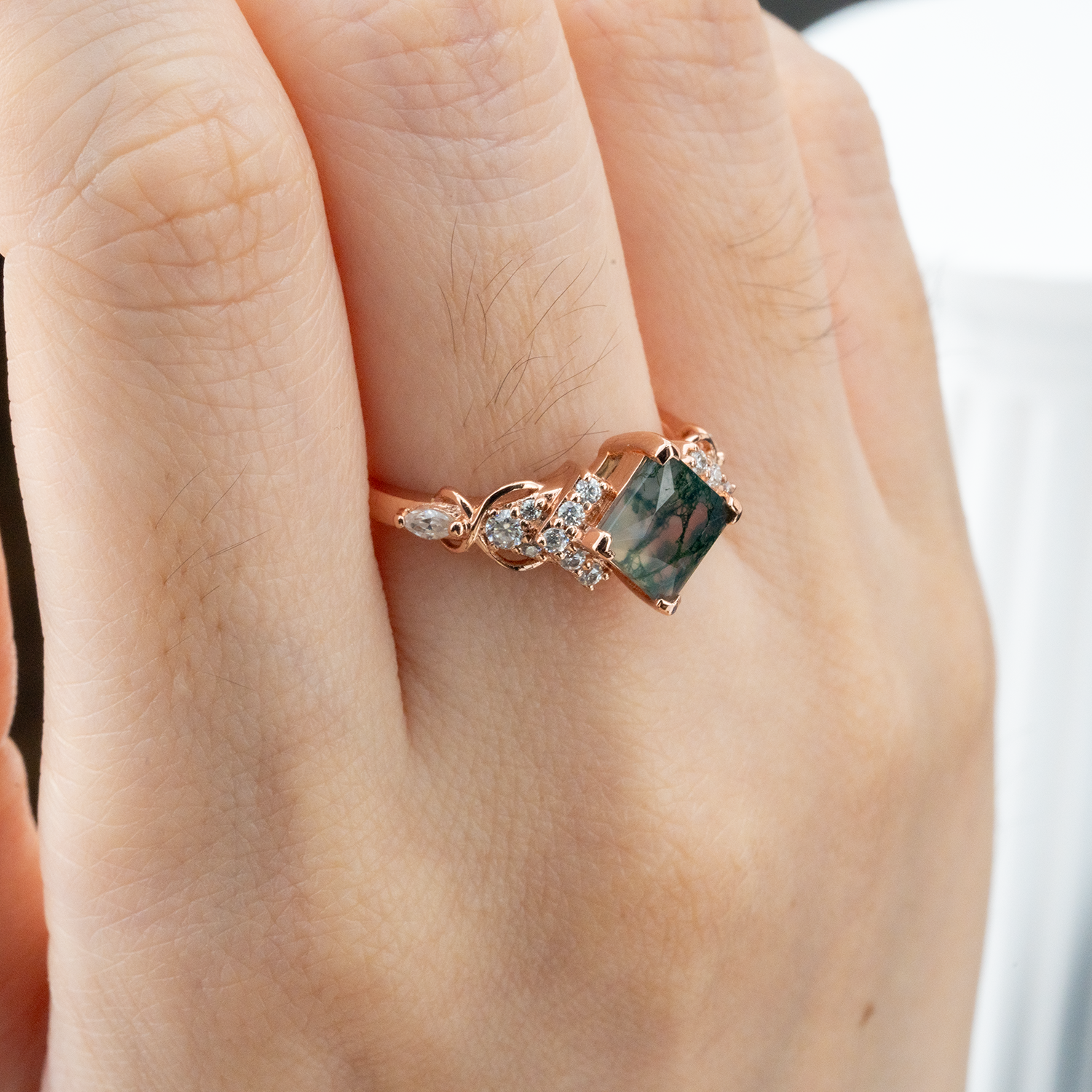 Luxurious Princess Moss Agate Ring with Moissanite - Perfect Engagement Ring