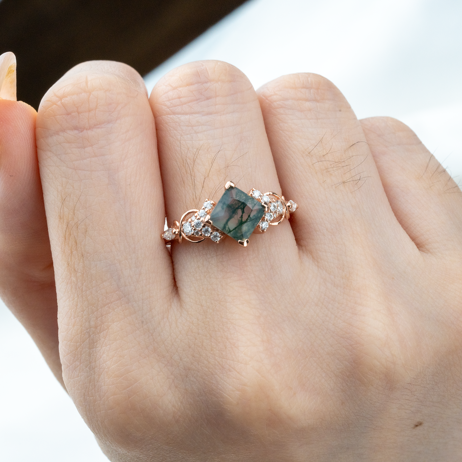 Luxurious Princess Moss Agate Ring with Moissanite - Perfect Engagement Ring