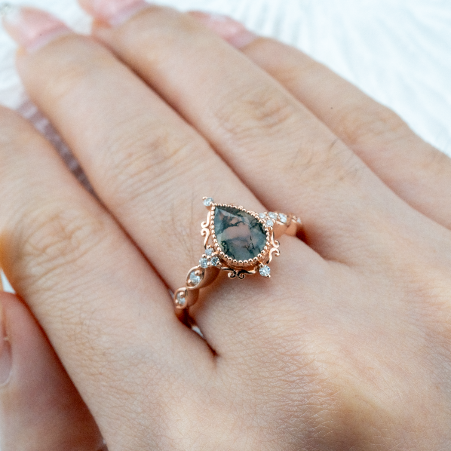 Wedding Ring with Pear Moss Agate Stone - Unique and Luxurious Design