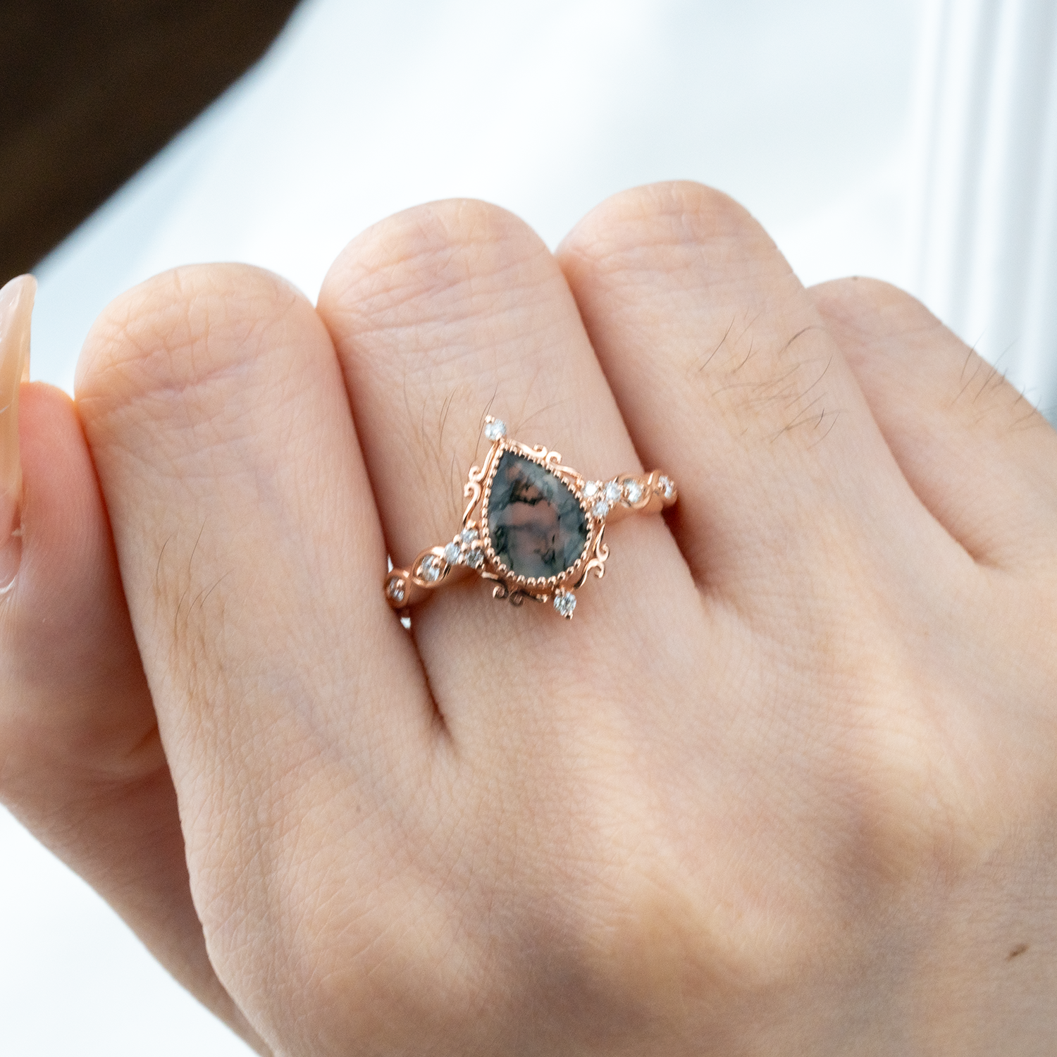 Wedding Ring with Pear Moss Agate Stone - Unique and Luxurious Design