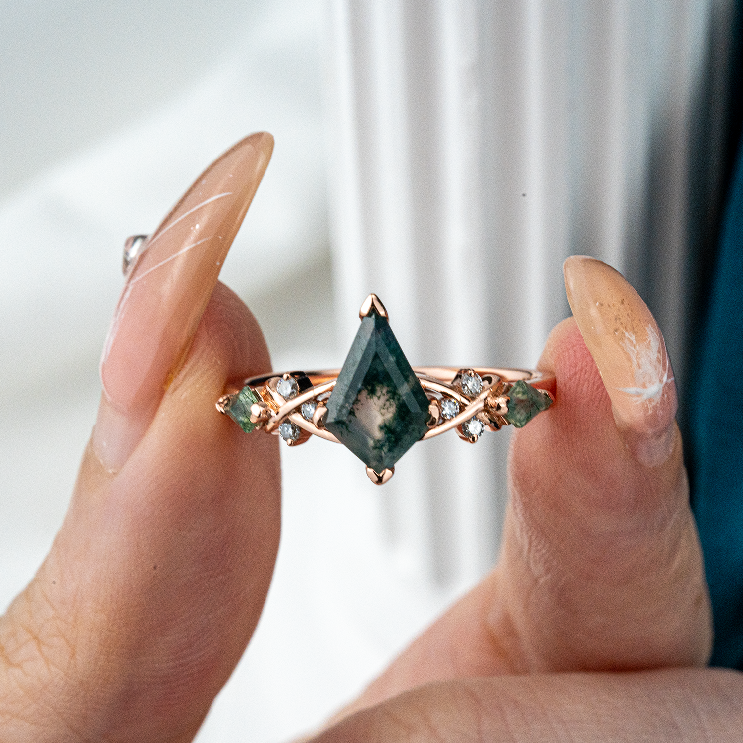 Unique Moss Agate and Moissanite Gemstone Leaf Ring for Women - Organic Nature Inspired Jewelry