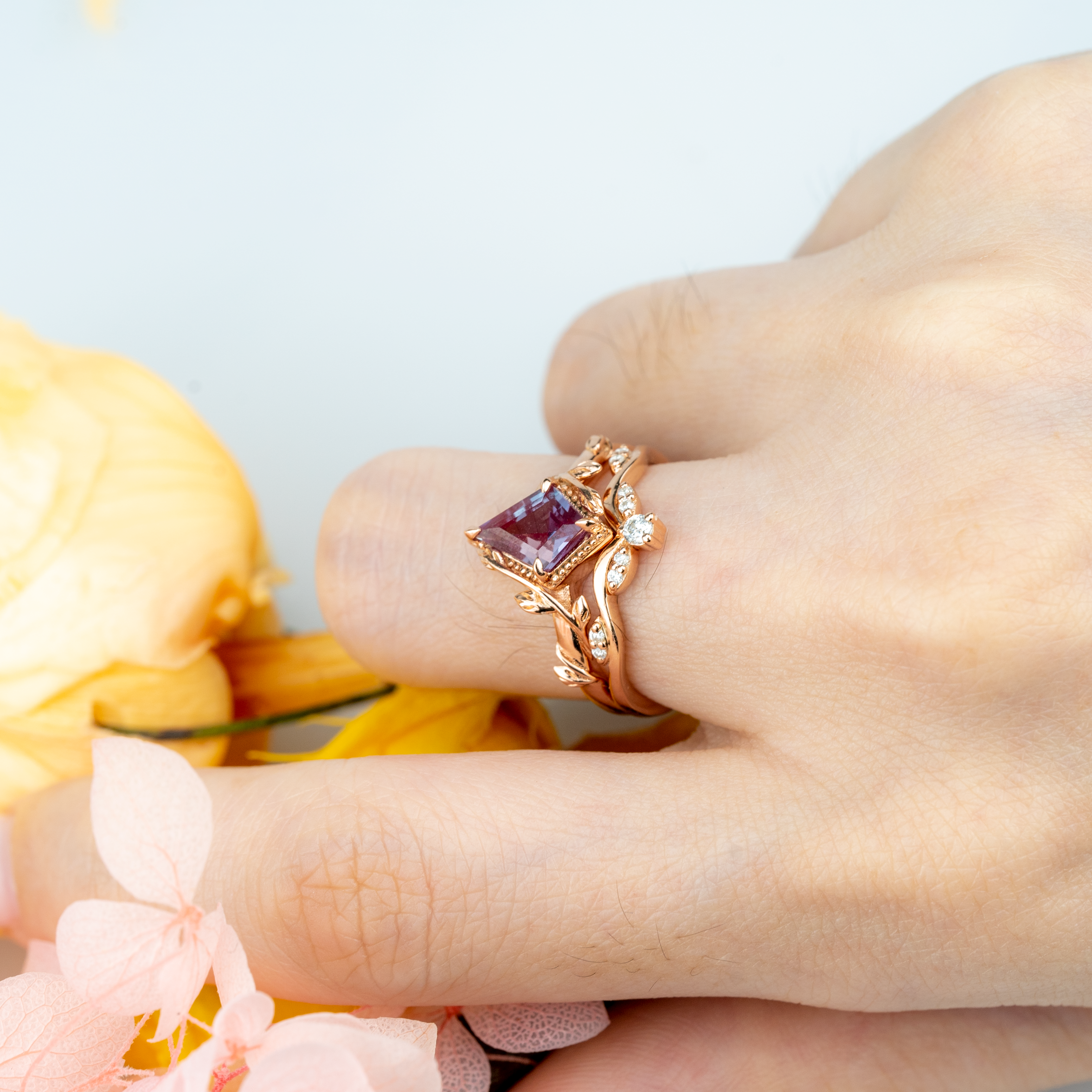 Kite Cut Alexander Engagement Leaf Ring Set Nature Inspired Design With Moissanite.