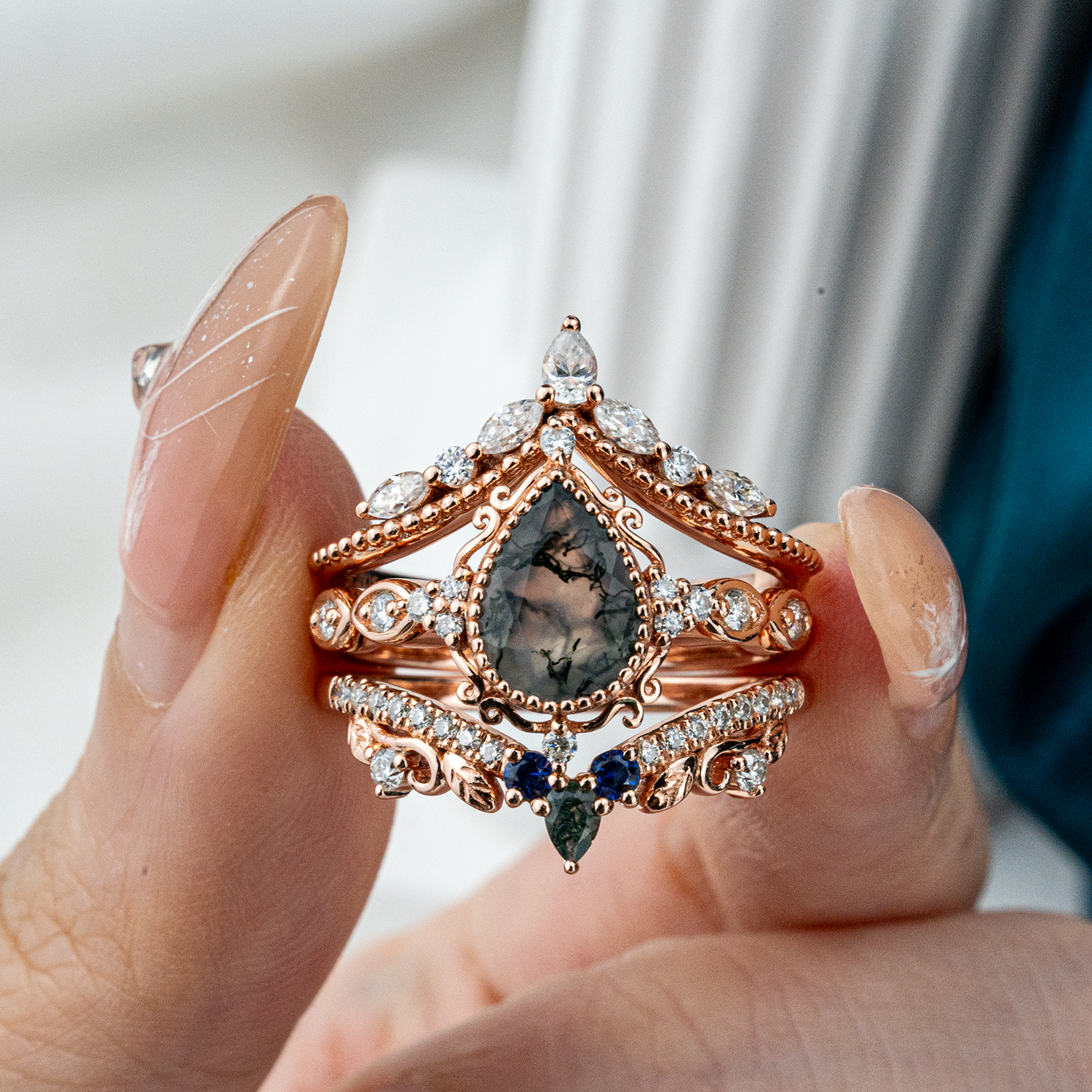 Exquisite wedding ring with pear moss agate stone, nature-inspired leaf design - luxurious and stunning