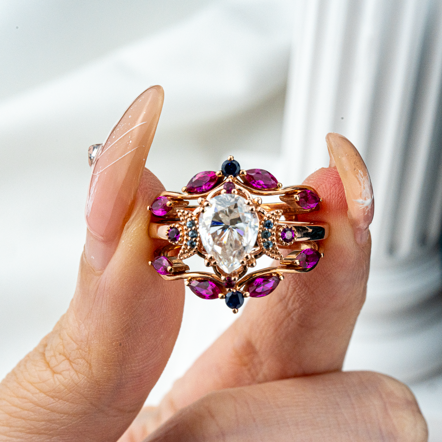 Luxurious Amethyst and Moissanite Wedding Ring Set