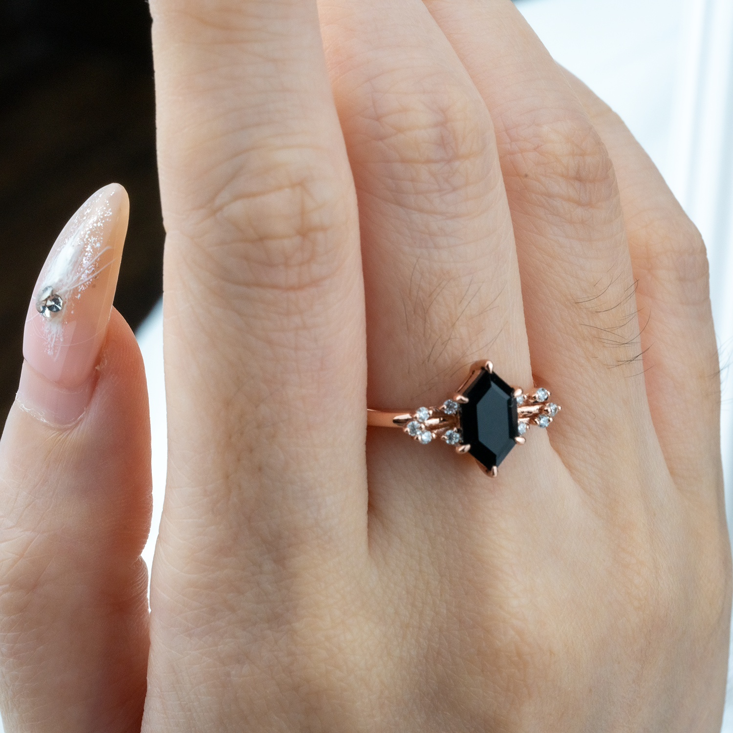 Stunning hexagon black onyx ring for modern engagement with moissanite accent
