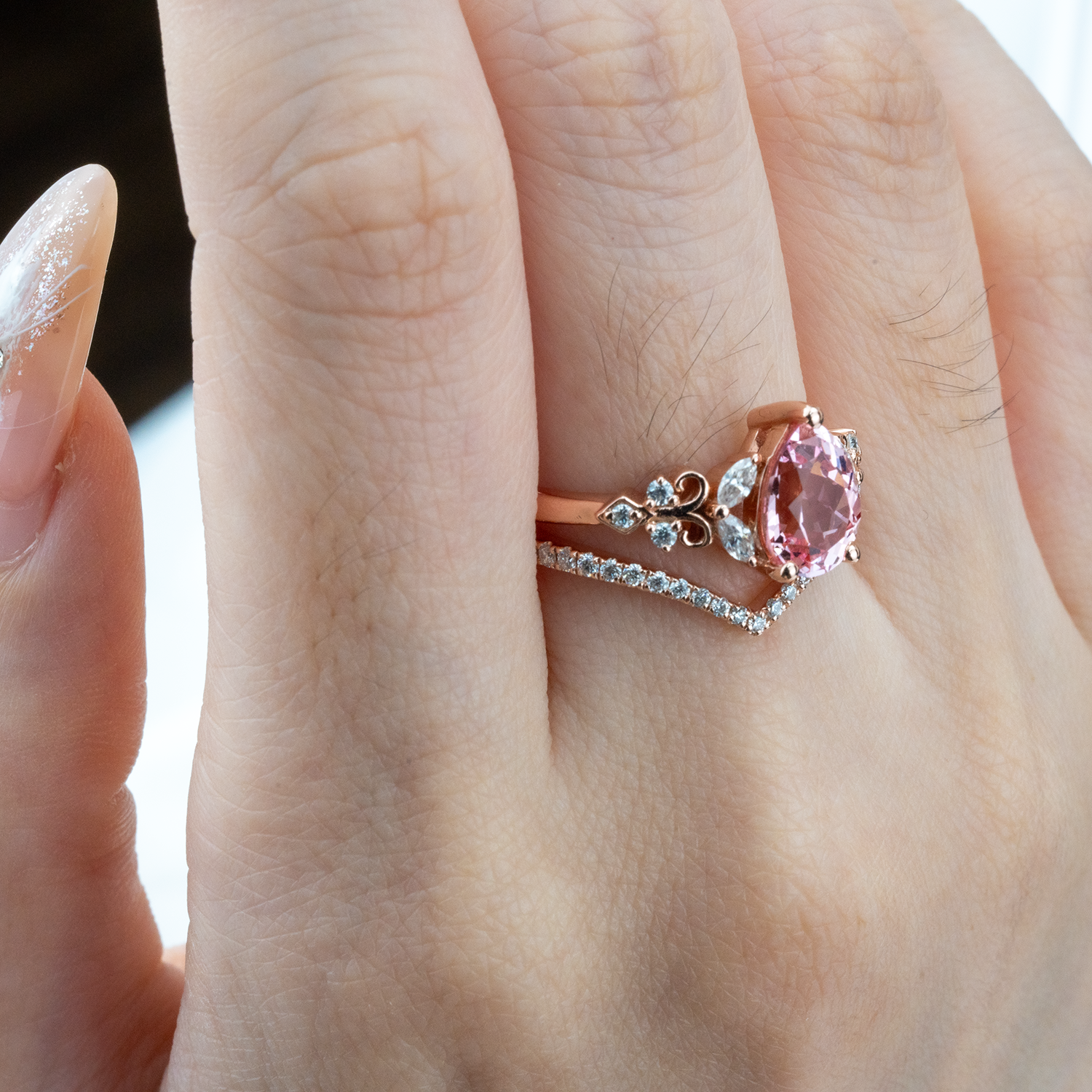 Rose Quartz and Moissanite Engagement Ring Set - Elegant, Sparkling, Alternative Gemstones