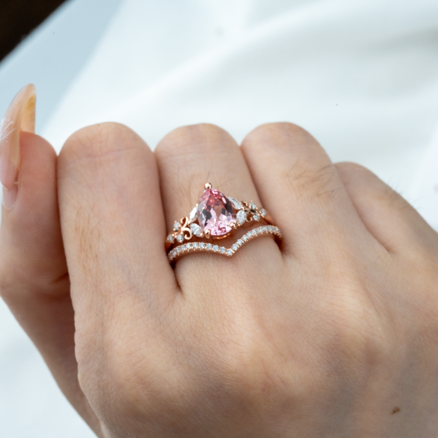 Rose Quartz and Moissanite Engagement Ring Set - Elegant, Sparkling, Alternative Gemstones