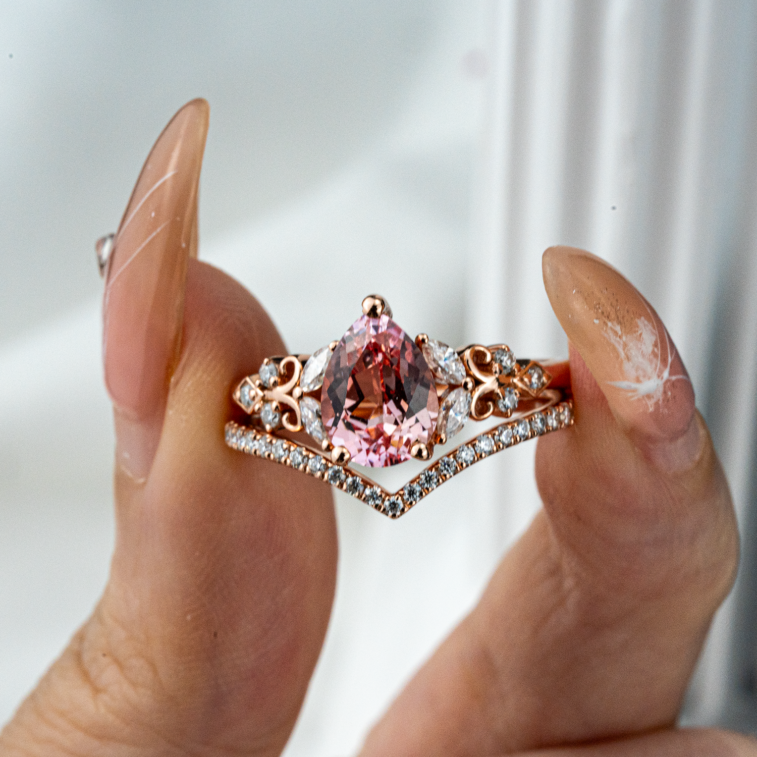 Rose Quartz and Moissanite Engagement Ring Set - Elegant, Sparkling, Alternative Gemstones