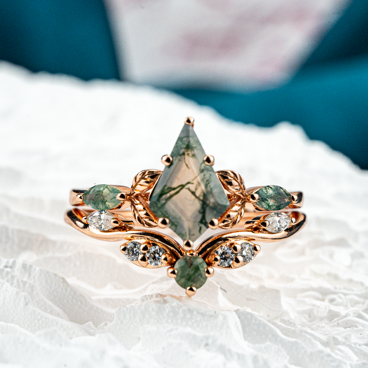 Leaf Ring Set with Nature Inspired Design, Kite Moss Agate Gemstone, Moissanite Accent - SEO optimized jewelry
