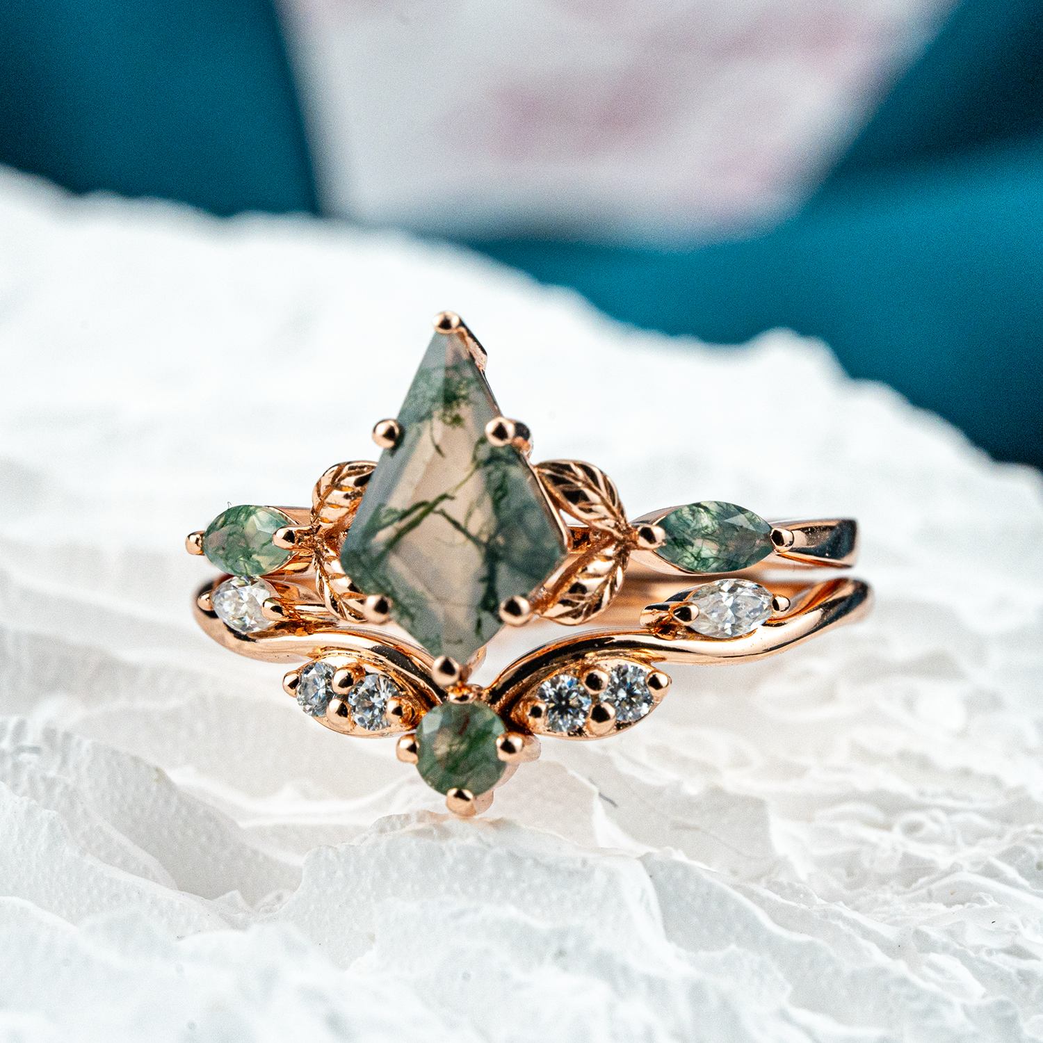 Leaf Ring Set with Nature Inspired Design, Kite Moss Agate Gemstone, Moissanite Accent - SEO optimized jewelry