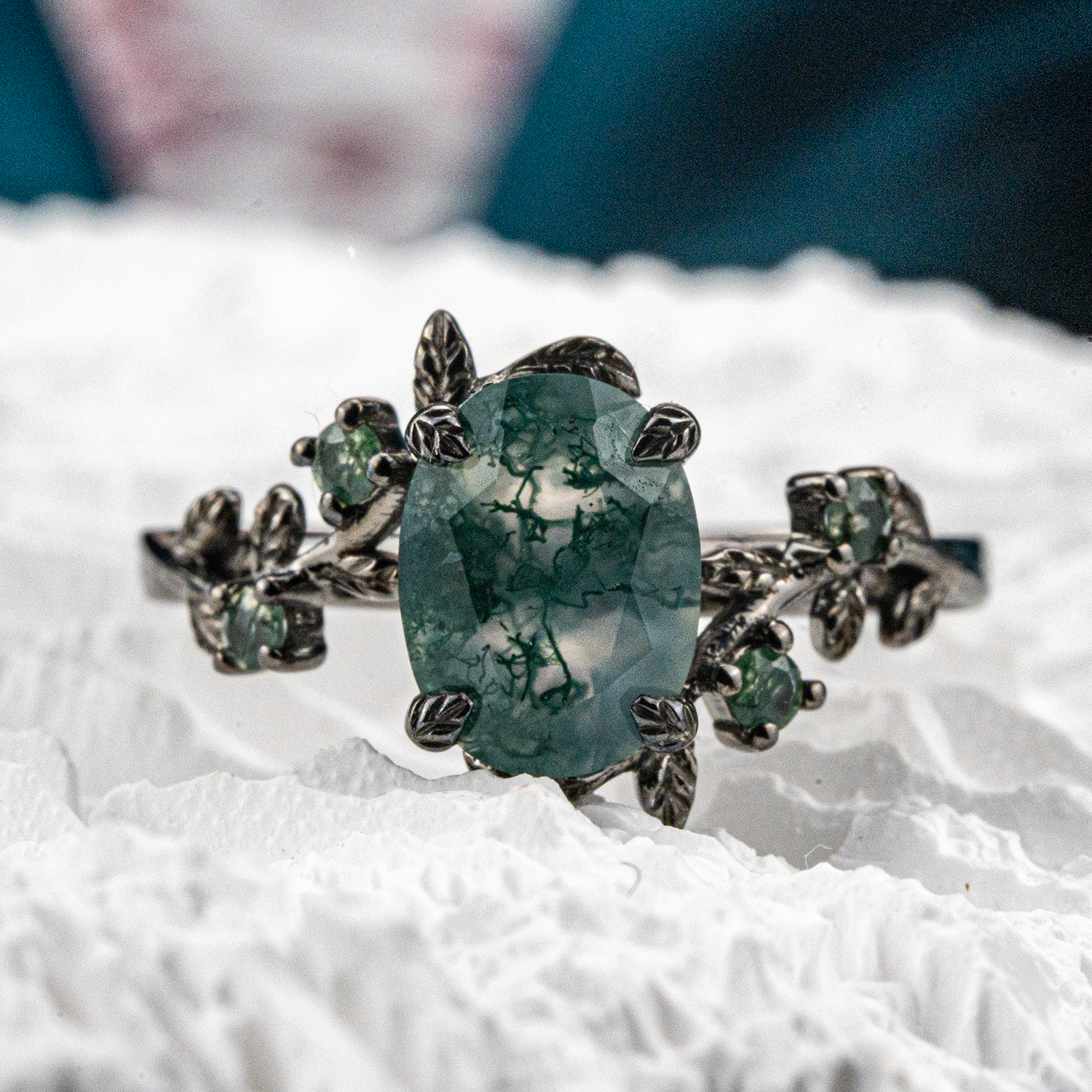 Oval Moss Agate Black Gold Ring - Elegant jewelry piece crafted with unique moss agate gemstone