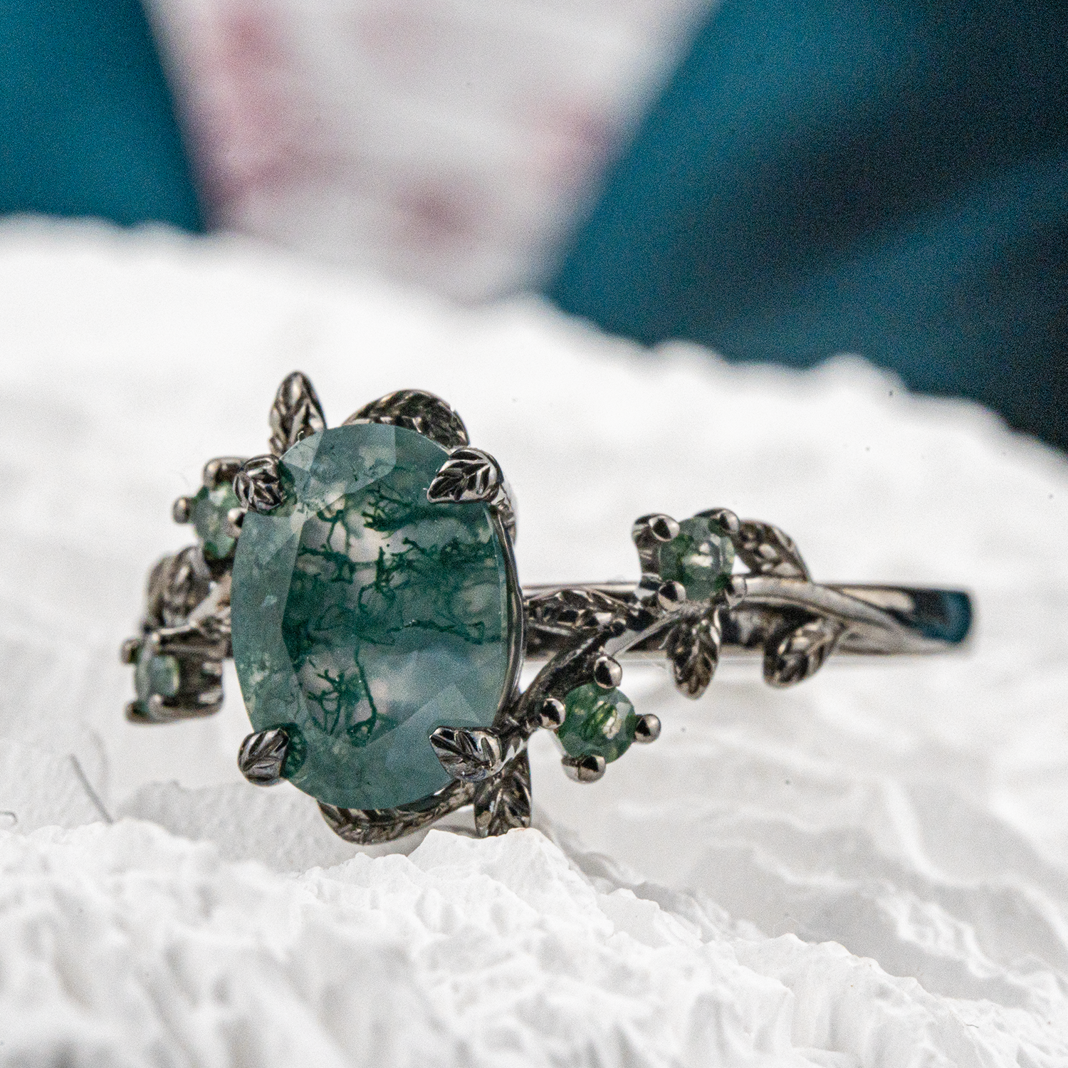 Oval Moss Agate Black Gold Ring - Elegant jewelry piece crafted with unique moss agate gemstone