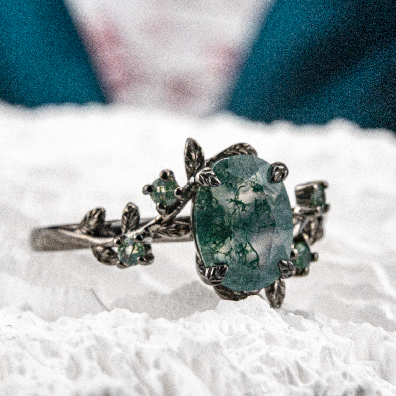 Oval Moss Agate Black Gold Ring - Elegant jewelry piece crafted with unique moss agate gemstone