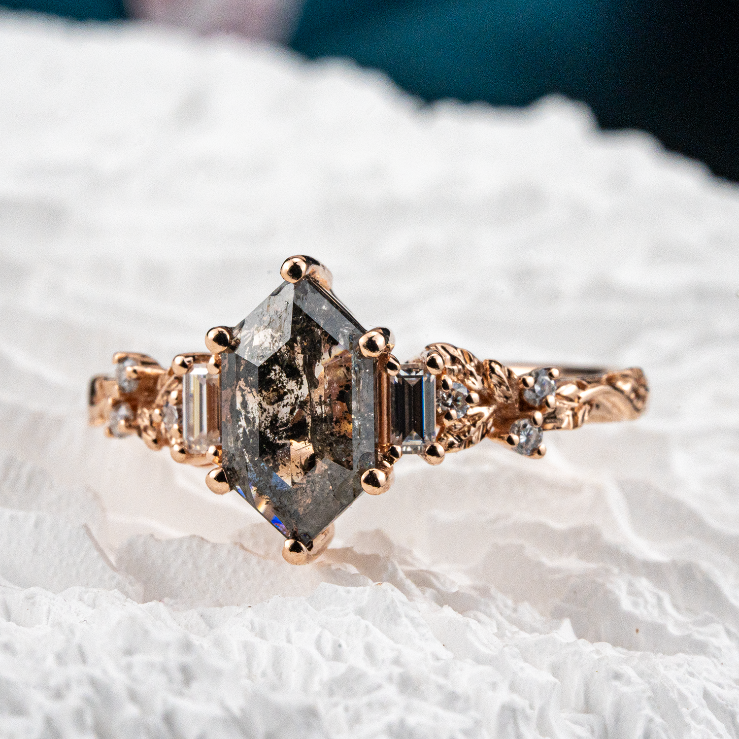 Luxurious Long Hexagon Salt & Pepper Diamond Engagement Ring - Enhance your unique style with this exquisite piece!