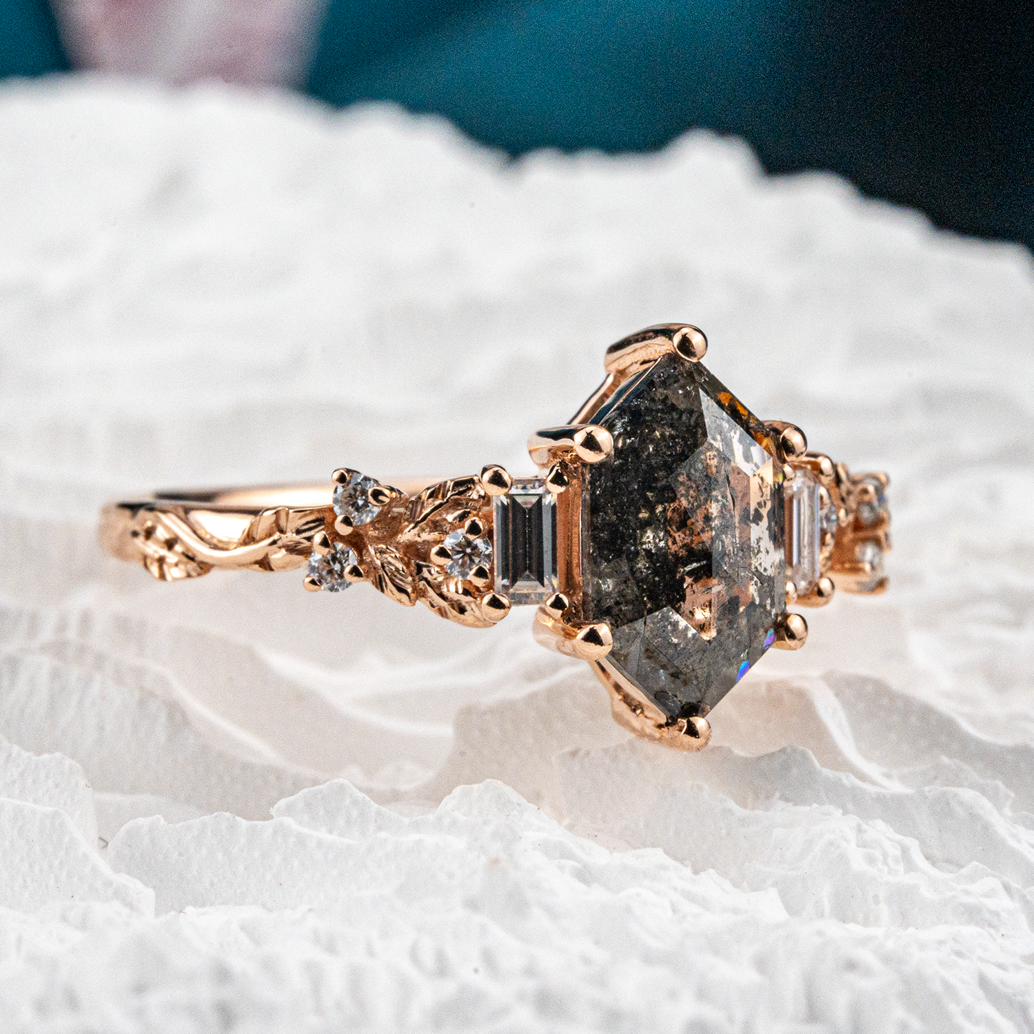 Luxurious Long Hexagon Salt & Pepper Diamond Engagement Ring - Enhance your unique style with this exquisite piece!