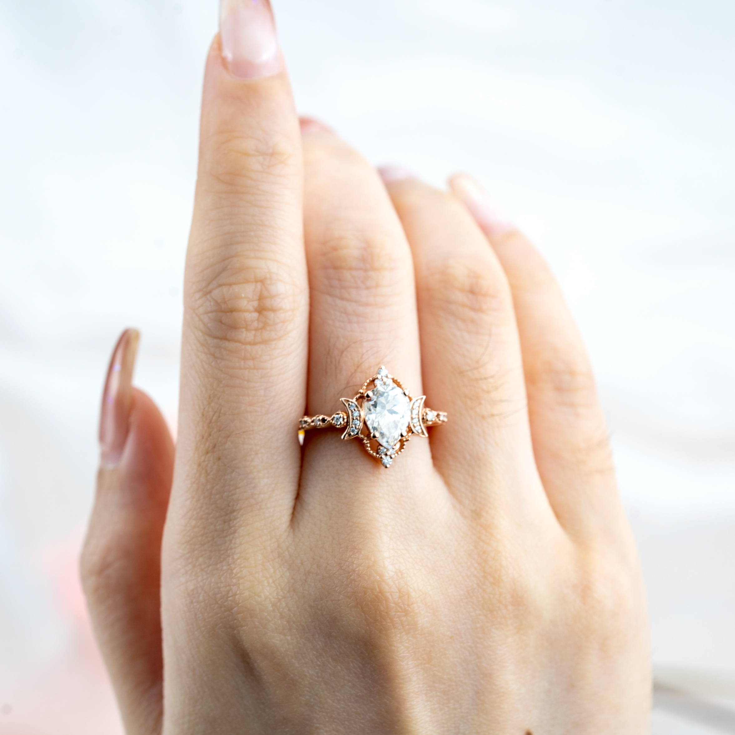 Pear Moissanite Crescent Moon Engagement Ring.