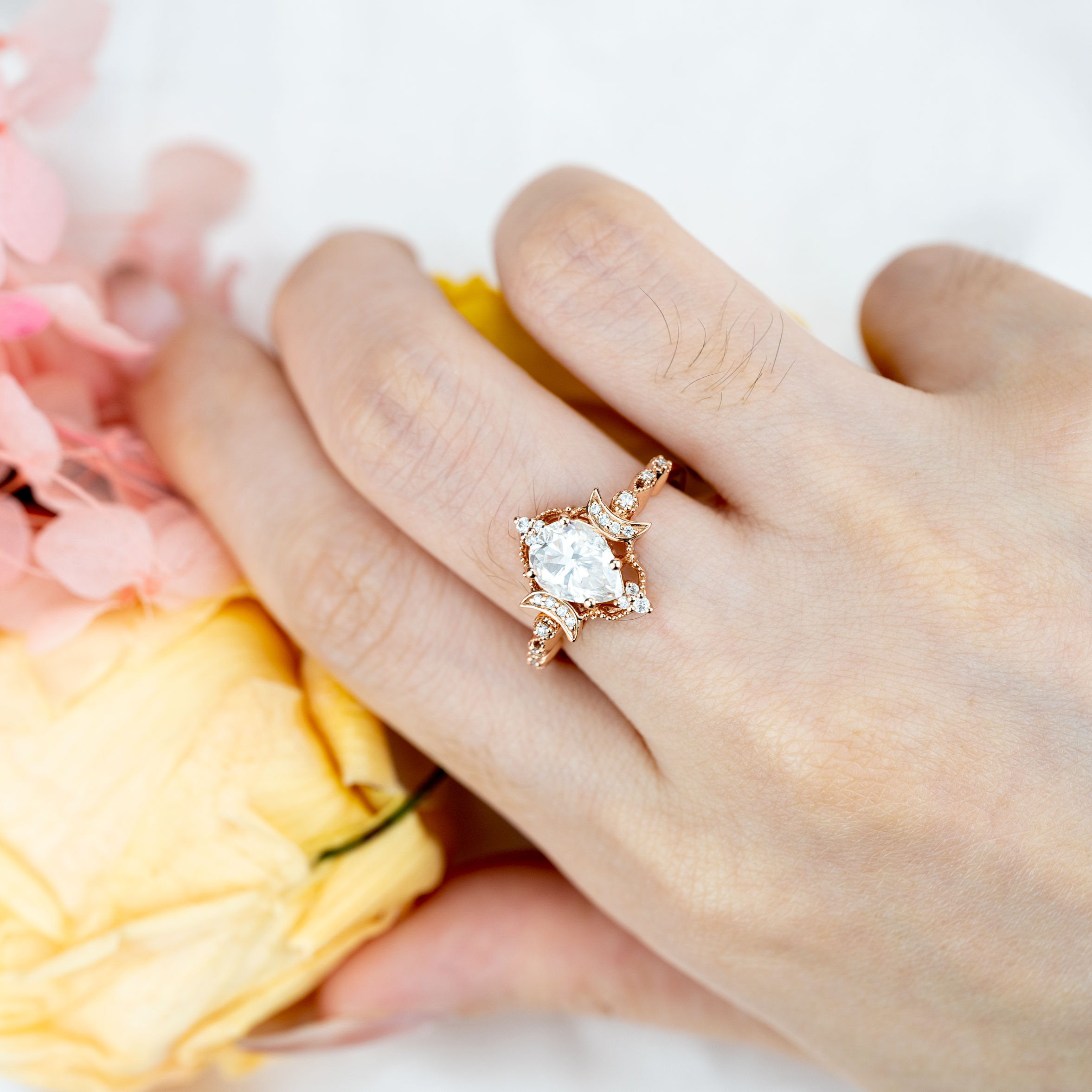 Pear Moissanite Crescent Moon Engagement Ring.