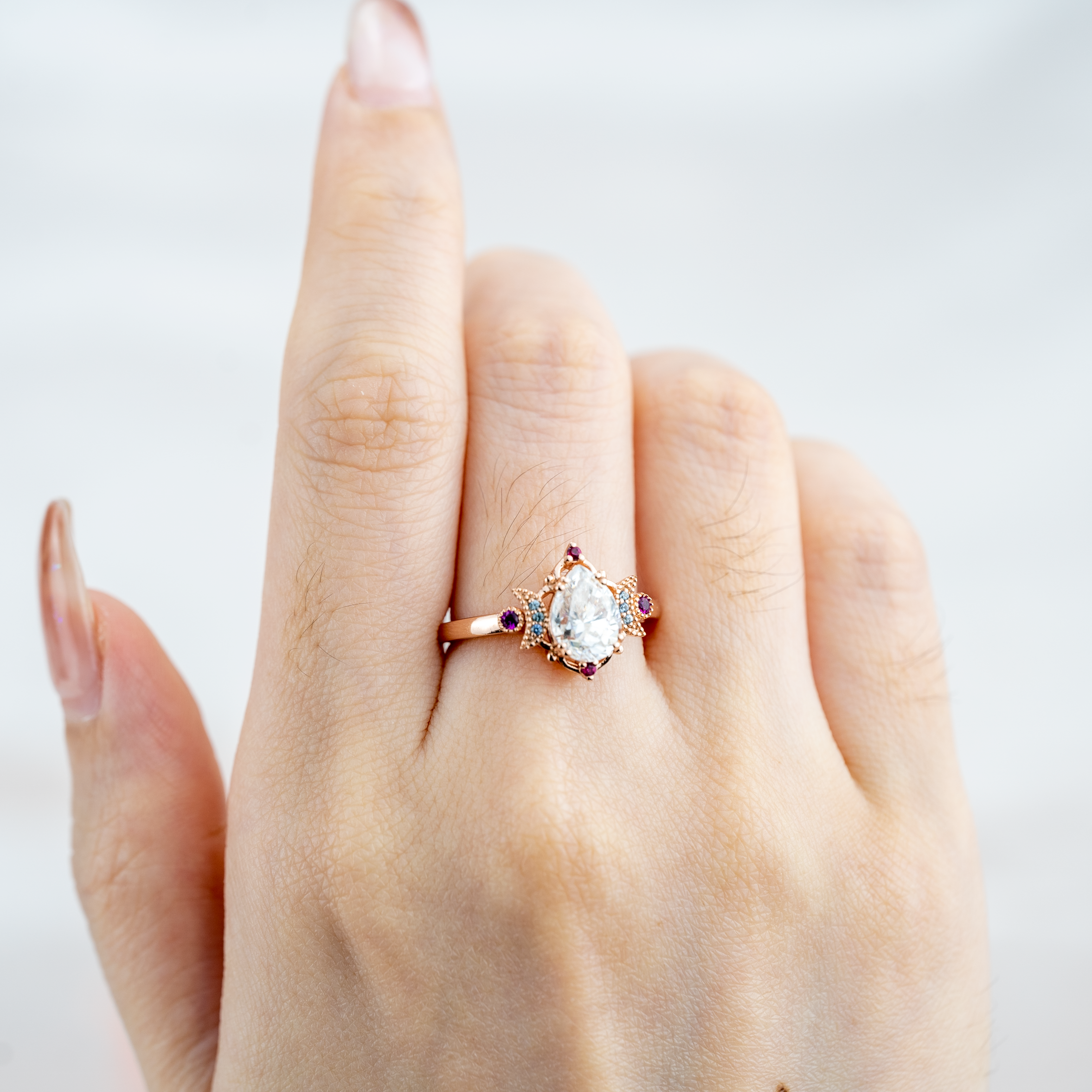 Pear Moissanite&Amethyst Engagement Ring.