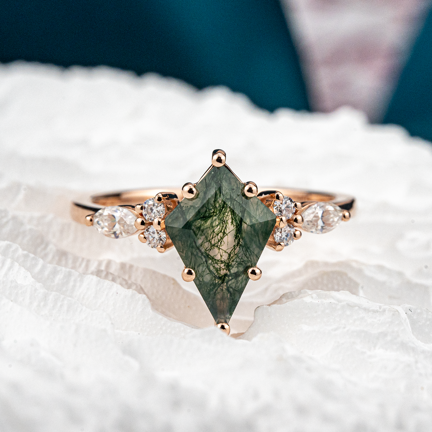 Unique Rose Gold Promise Ring with Kite Moss Agate and Moissanite Accents