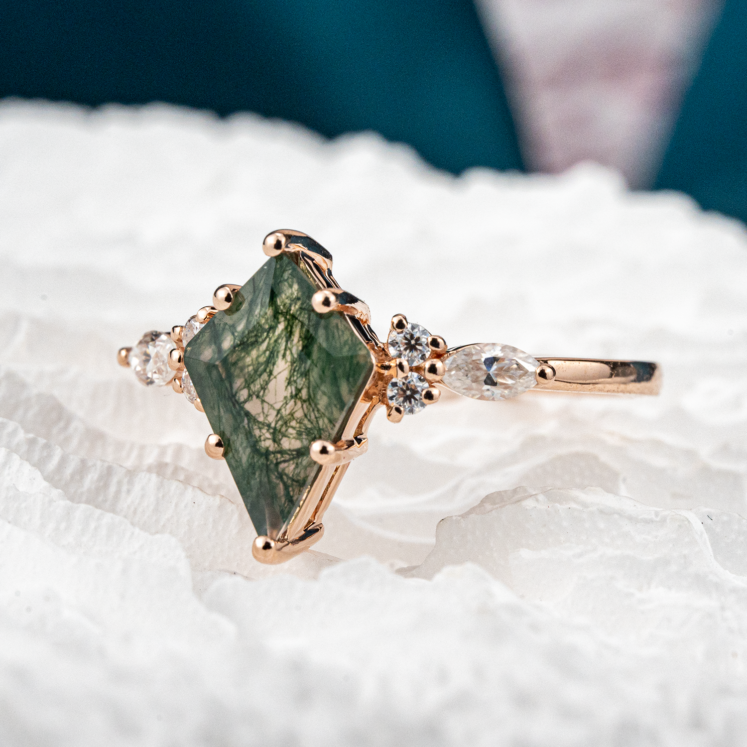 Unique Rose Gold Promise Ring with Kite Moss Agate and Moissanite Accents